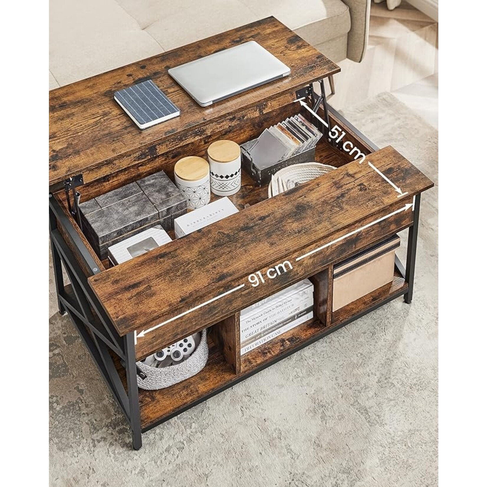 Coffee table, coffee table with lift-up leaf for the living room, coffee table with open and hidden storage space, X-shaped bars, 60 x 100 x (48-62) cm, rustic brown and black