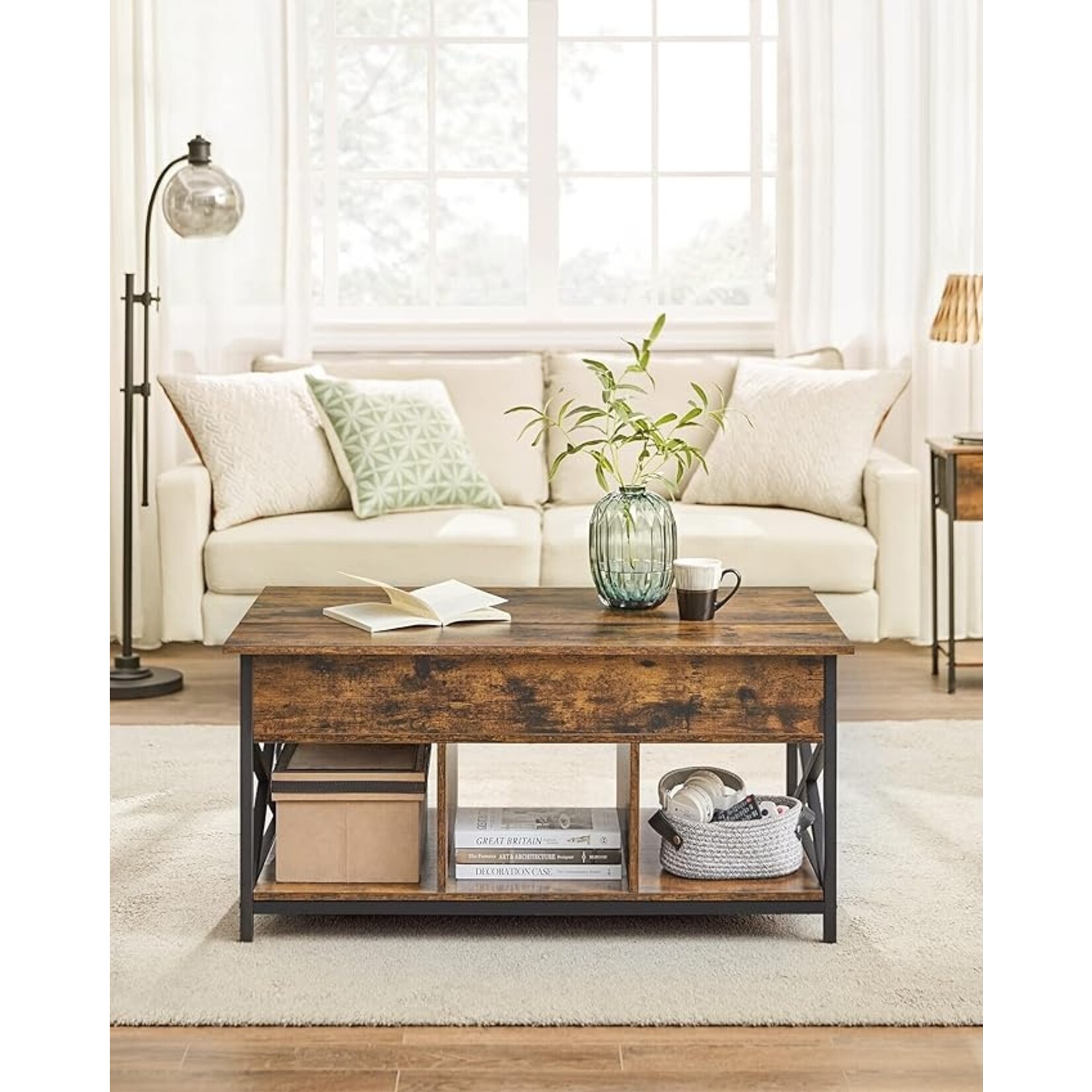 Coffee table, coffee table with lift-up leaf for the living room, coffee table with open and hidden storage space, X-shaped bars, 60 x 100 x (48-62) cm, rustic brown and black