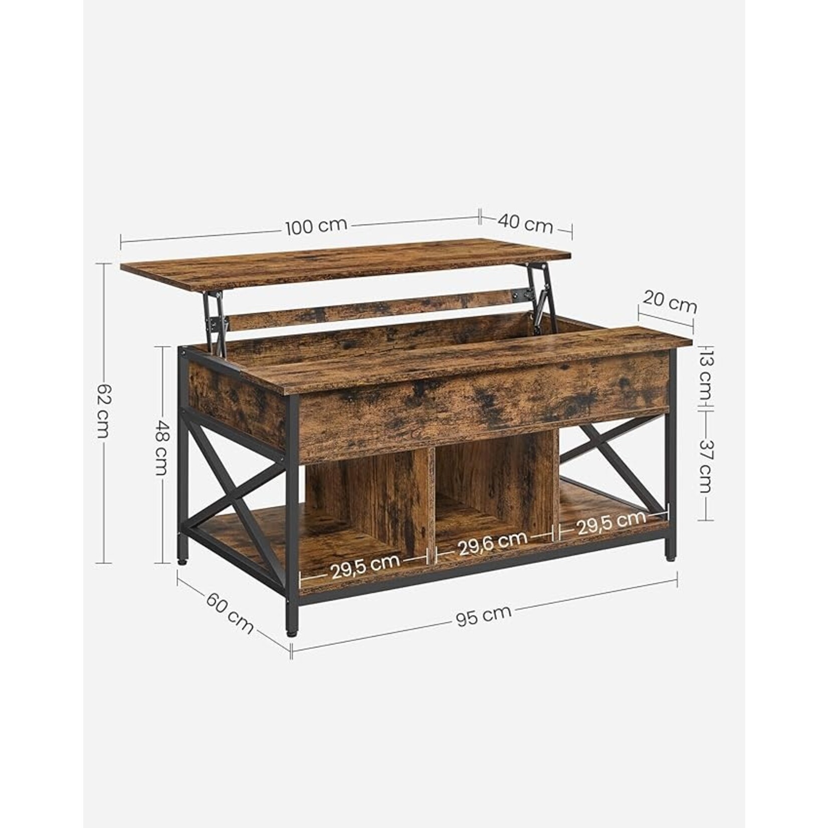 Coffee table, coffee table with lift-up leaf for the living room, coffee table with open and hidden storage space, X-shaped bars, 60 x 100 x (48-62) cm, rustic brown and black