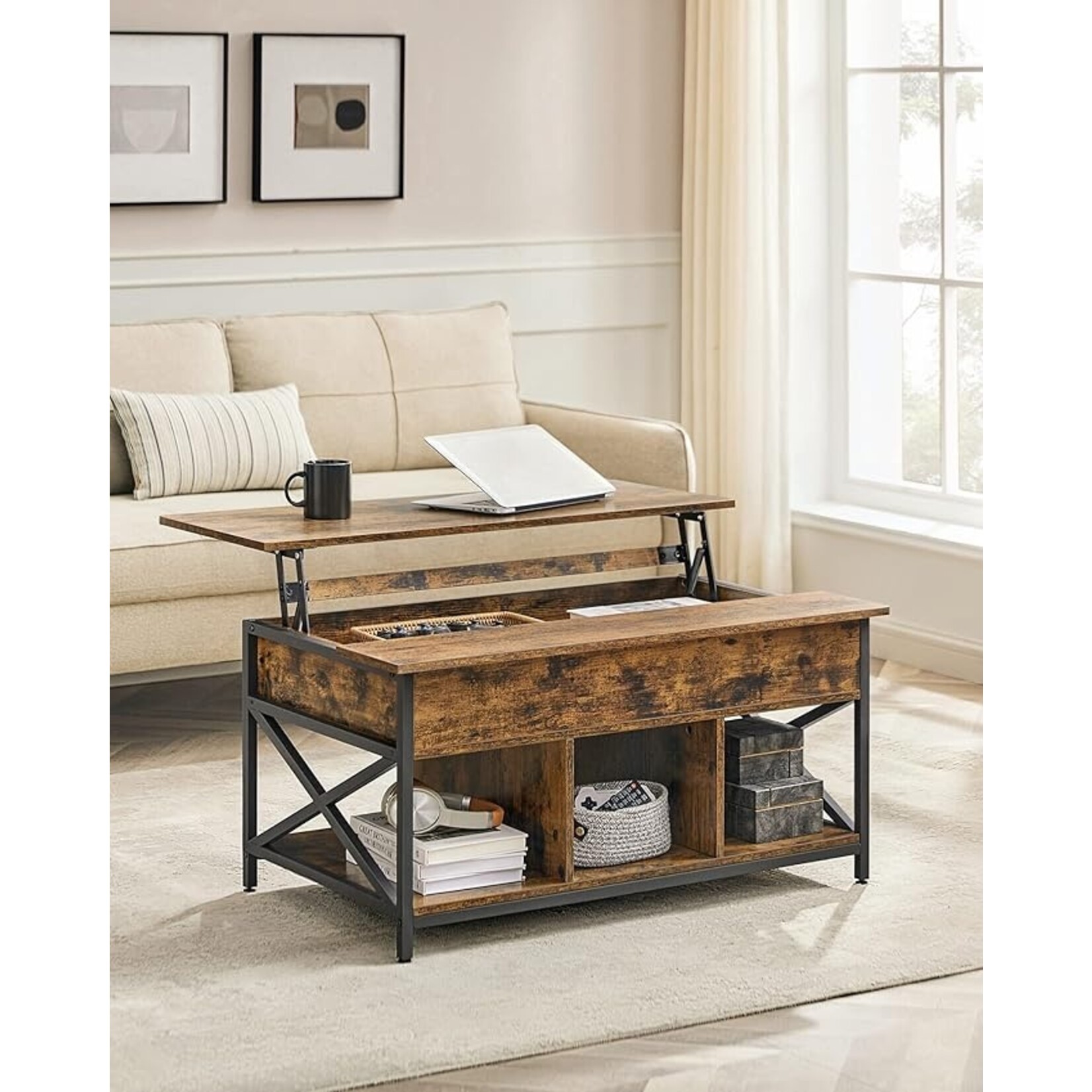 Coffee table, coffee table with lift-up leaf for the living room, coffee table with open and hidden storage space, X-shaped bars, 60 x 100 x (48-62) cm, rustic brown and black