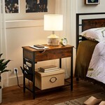 Parya Home Side table, folding table, bedside table, with sockets, collapsible tabletop, with shelf and cloth bag, for living room, bedroom, vintage brown-black