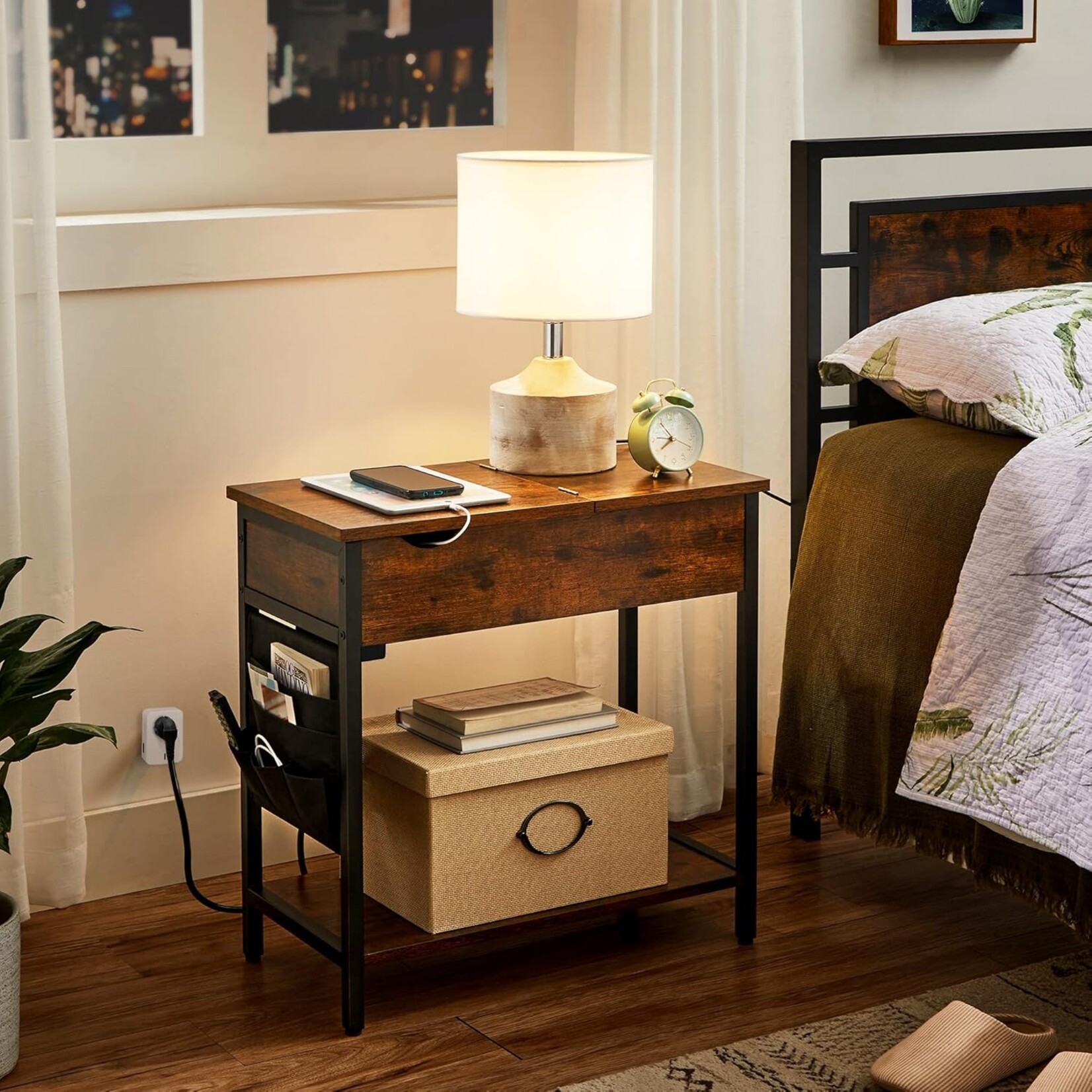 Parya Home Side table, folding table, bedside table, with sockets, collapsible tabletop, with shelf and cloth bag, for living room, bedroom, vintage brown-black
