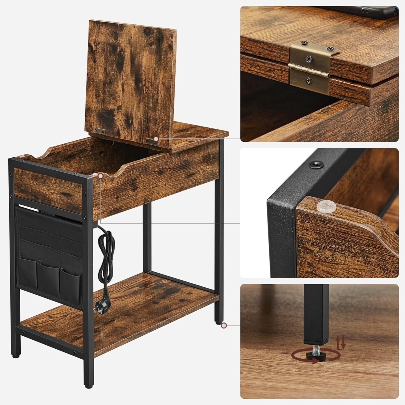 Parya Home Side table, folding table, bedside table, with sockets, collapsible tabletop, with shelf and cloth bag, for living room, bedroom, vintage brown-black