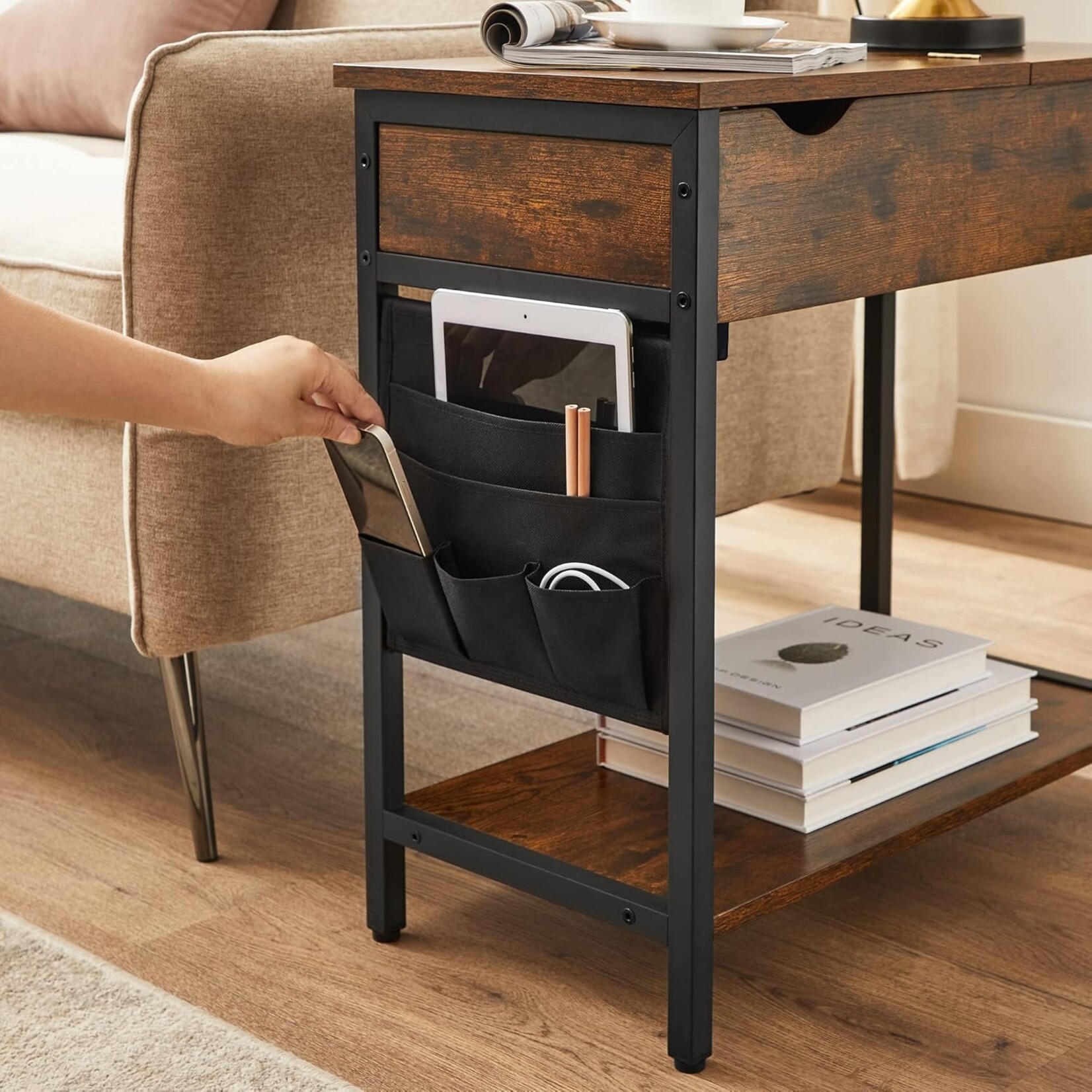 Parya Home Side table, folding table, bedside table, with sockets, collapsible tabletop, with shelf and cloth bag, for living room, bedroom, vintage brown-black