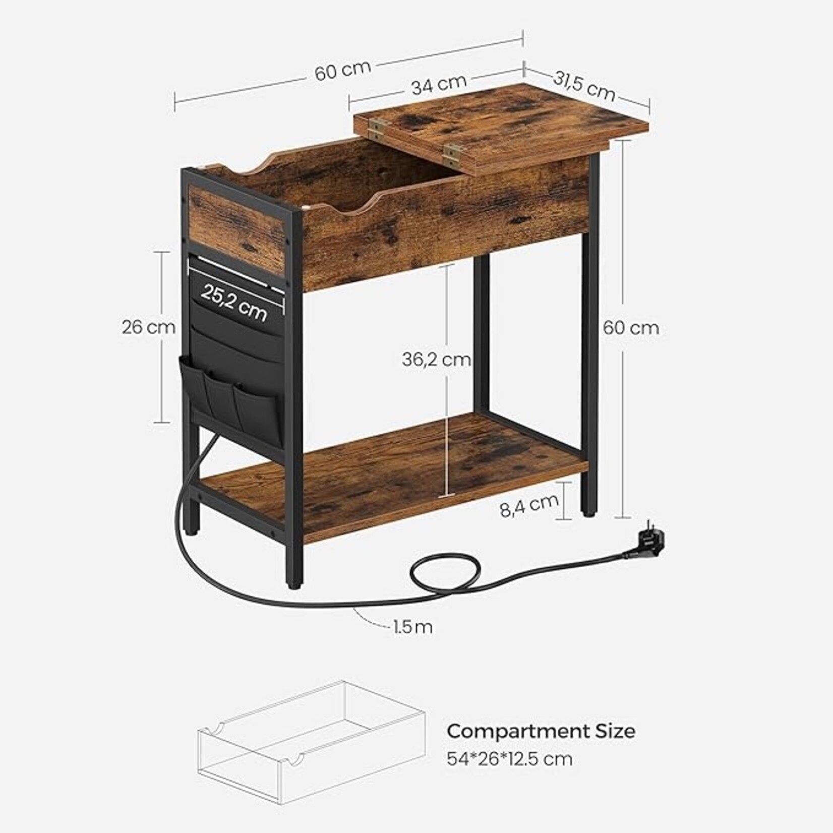 Parya Home Side table, folding table, bedside table, with sockets, collapsible tabletop, with shelf and cloth bag, for living room, bedroom, vintage brown-black