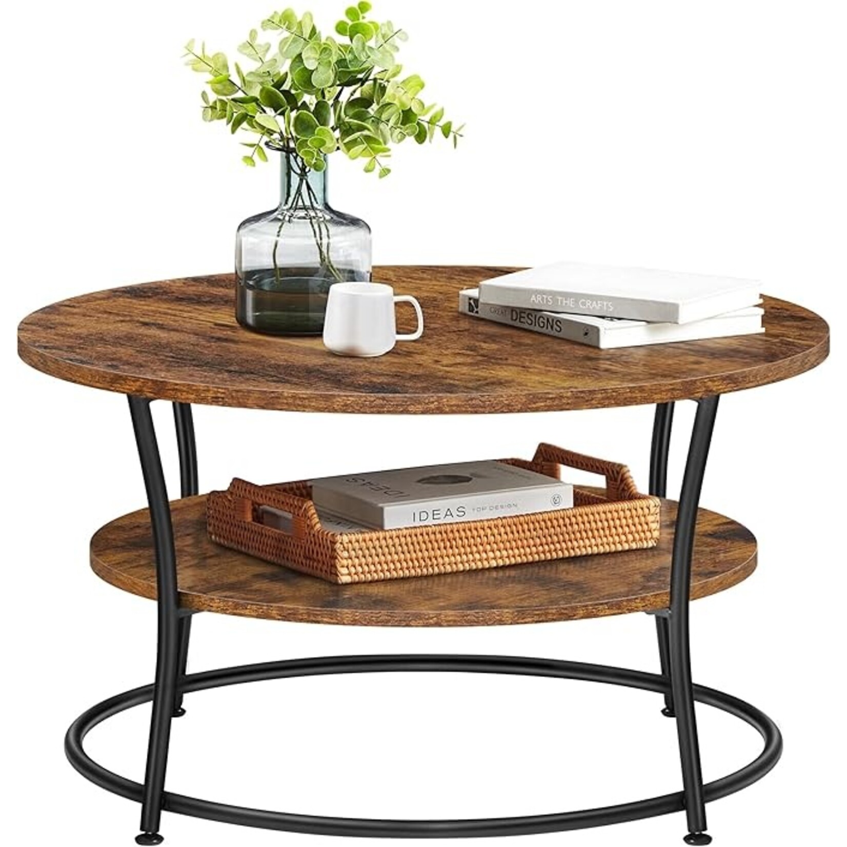 Parya Home Salontafel rond, Woonkamertafel, Sofatafel met plank, 80 x 45 cm, Gemakkelijke montage, Metaal, Industrieel ontwerp, vintage bruin-zwart
