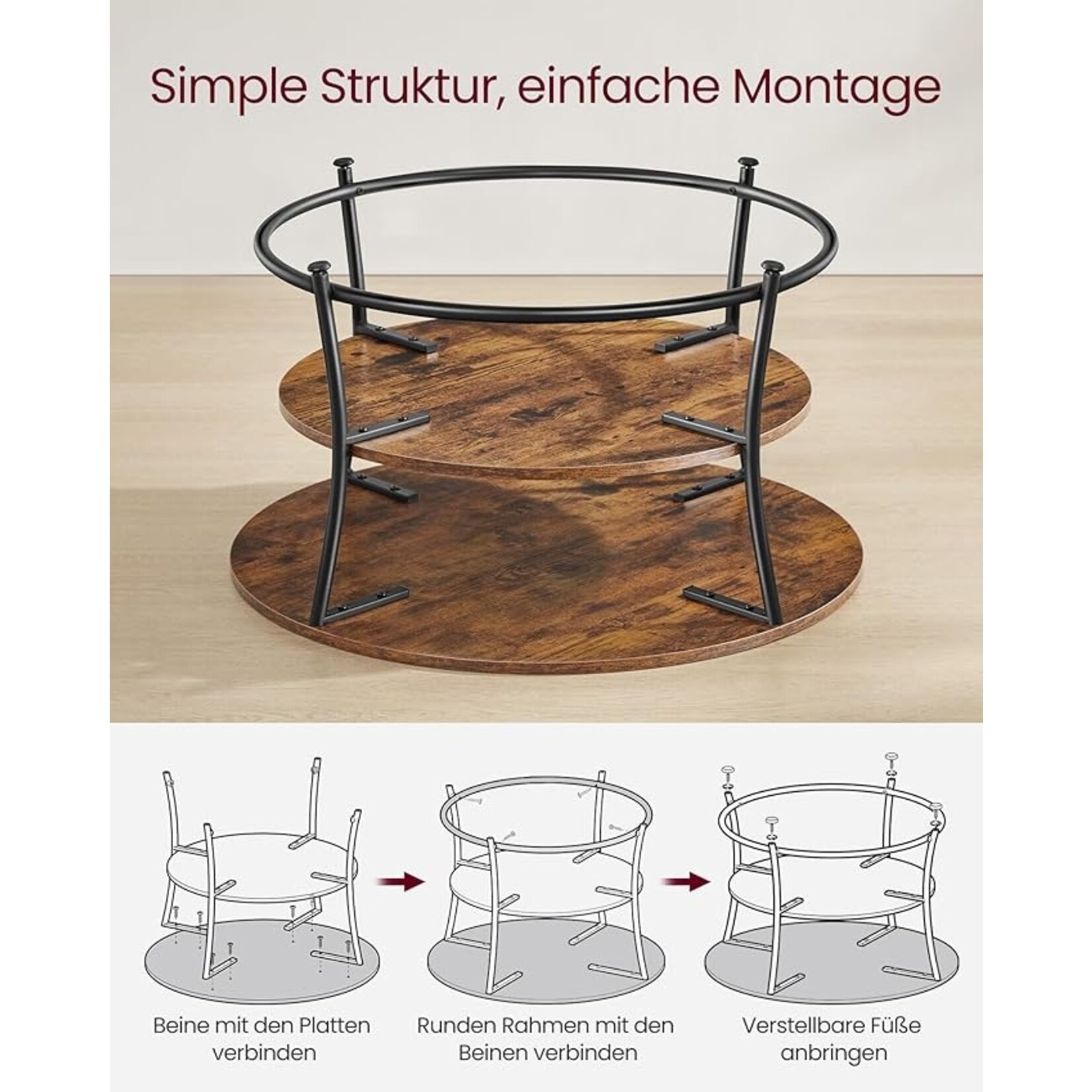 Parya Home Salontafel rond, Woonkamertafel, Sofatafel met plank, 80 x 45 cm, Gemakkelijke montage, Metaal, Industrieel ontwerp, vintage bruin-zwart