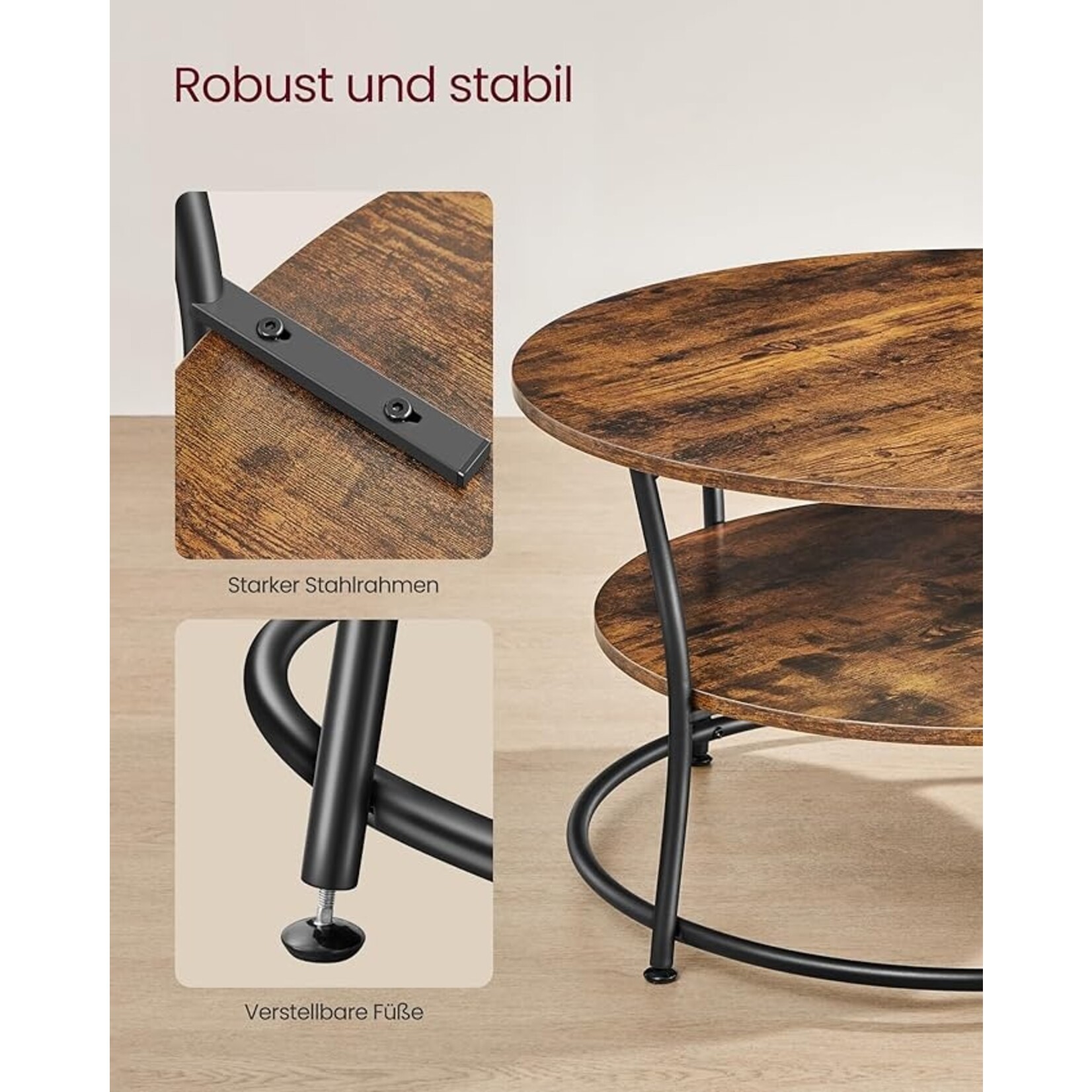 Parya Home Salontafel rond, Woonkamertafel, Sofatafel met plank, 80 x 45 cm, Gemakkelijke montage, Metaal, Industrieel ontwerp, vintage bruin-zwart