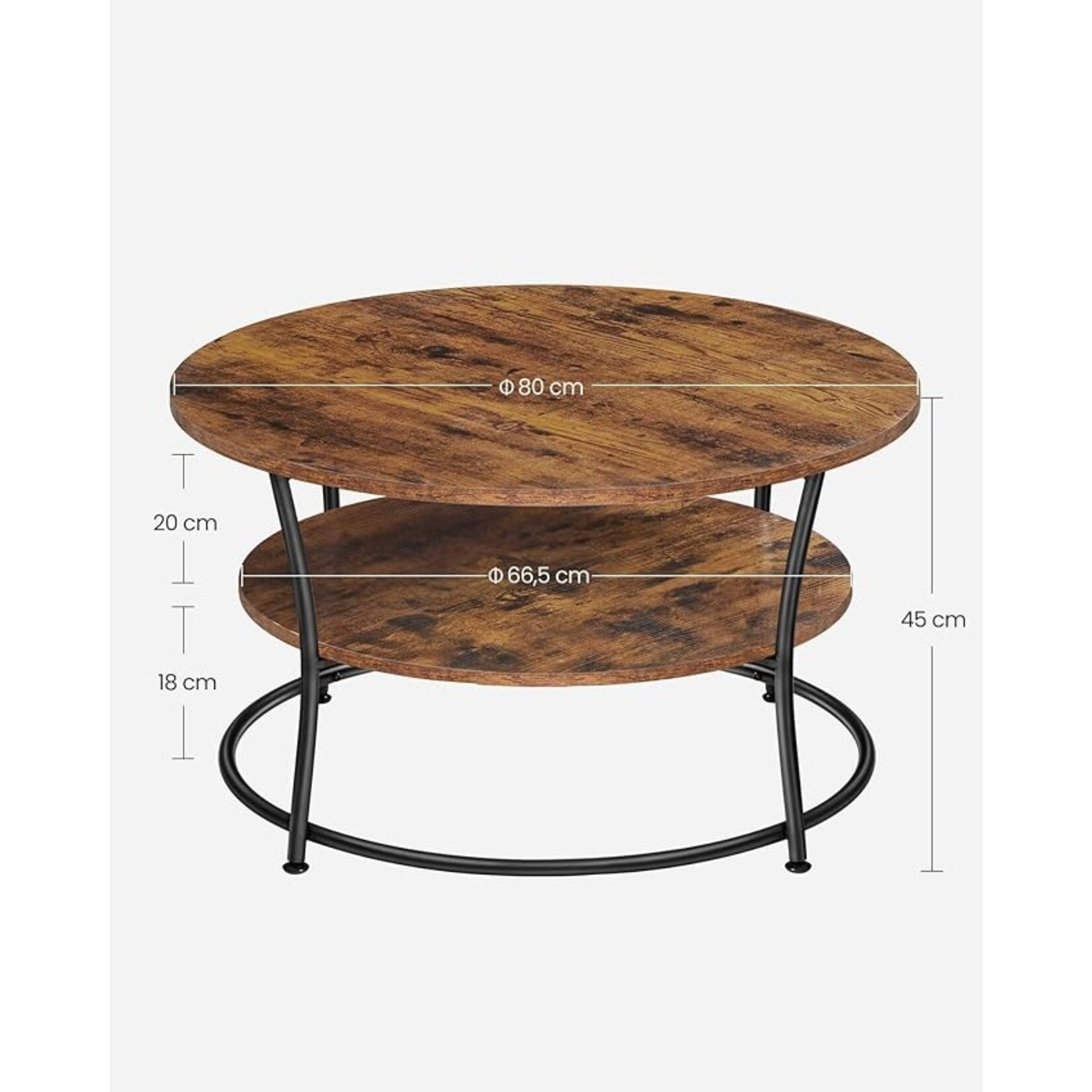 Parya Home Salontafel rond, Woonkamertafel, Sofatafel met plank, 80 x 45 cm, Gemakkelijke montage, Metaal, Industrieel ontwerp, vintage bruin-zwart