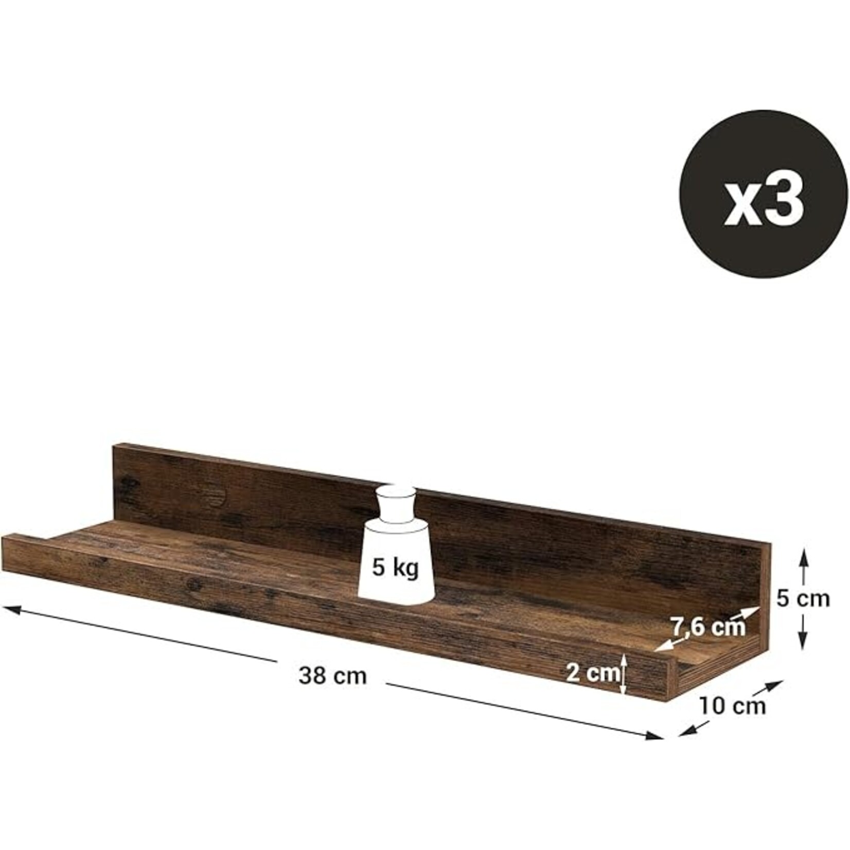 Parya Home Parya Home wall shelves, set of 3, floating shelves, length 38 cm, raised front, for decorative items, spice jars and photo frames, vintage brown