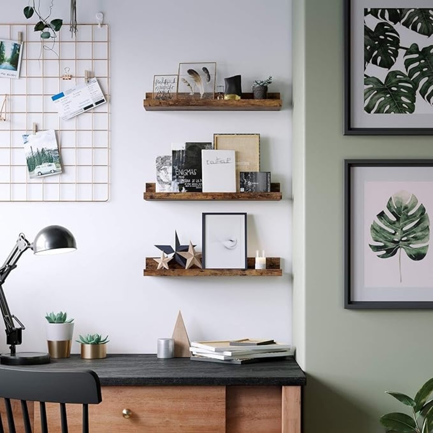Parya Home Parya Home wandplanken, set van 3, zwevende planken, lengte 38 cm, verhoogde voorkant, voor decoratieve items, kruidenpotjes en fotolijsten, vintage bruin