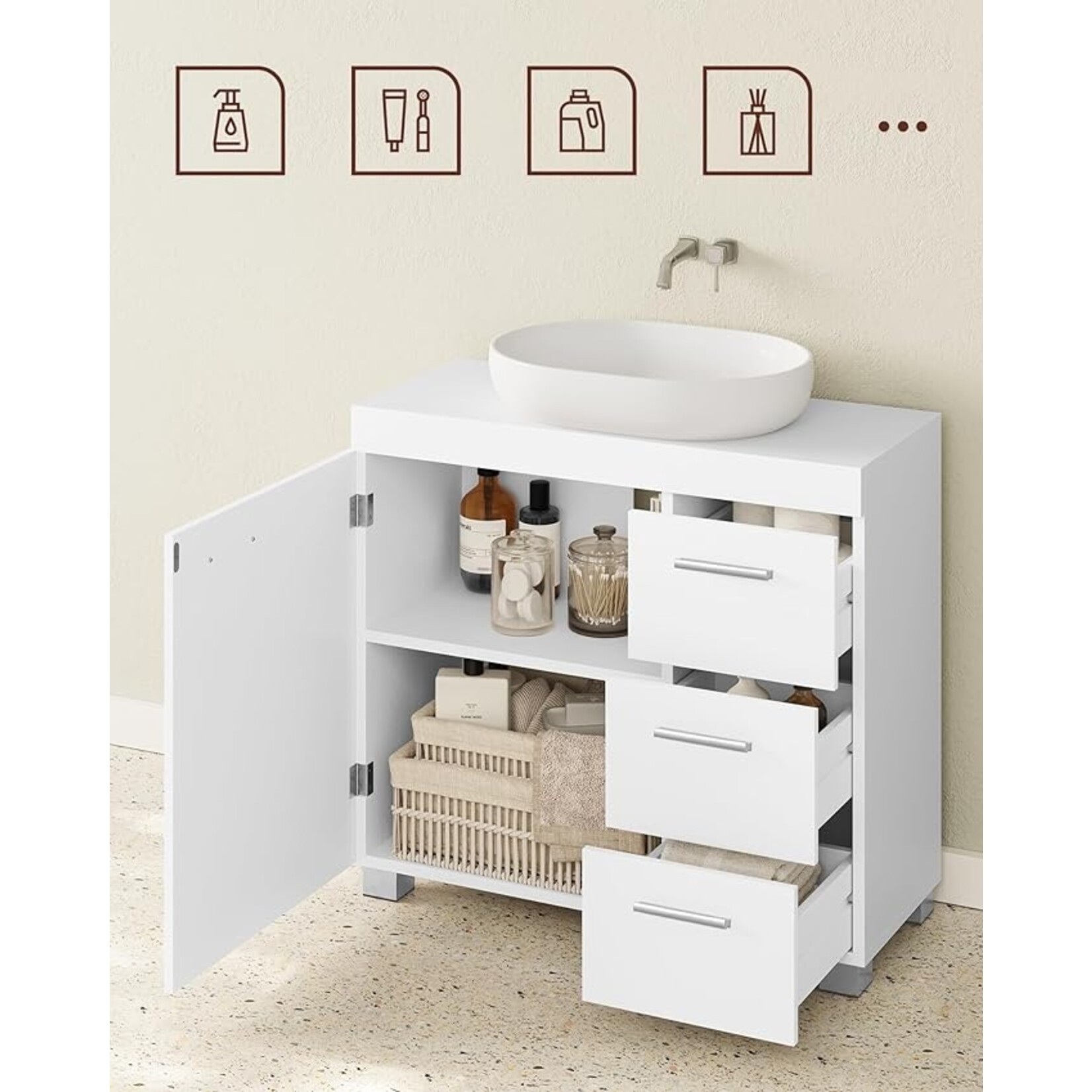 Parya Home Onderkast, Badkamerkast met 3 laden, 2 compartimenten achter de deur, 30 x 70 x 64 cm, Wit