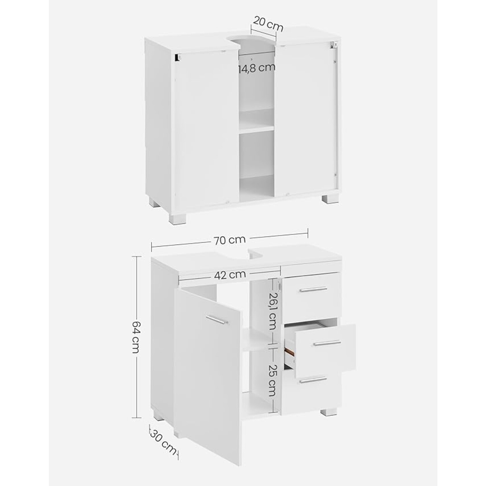 Parya Home Onderkast, Badkamerkast met 3 laden, 2 compartimenten achter de deur, 30 x 70 x 64 cm, Wit