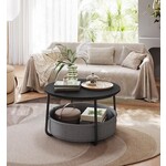 Parya Home ronde salontafel, tafel met opbergruimte, bijzettafel, woonkamertafel met stoffen mand, modern, metalen frame, Inktzwart-leigrijs