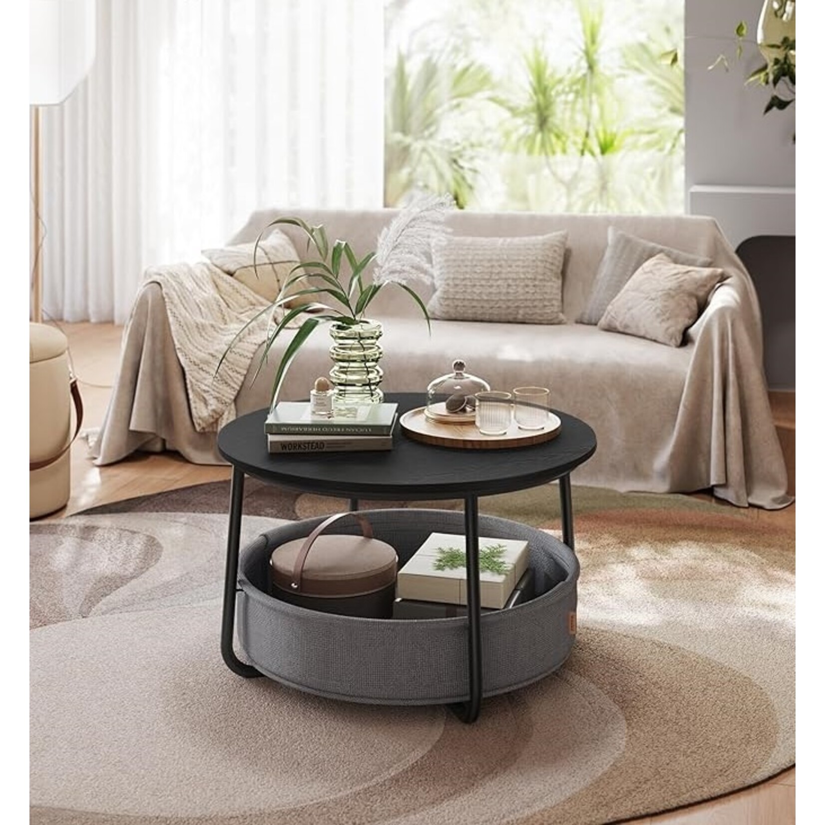 Parya Home ronde salontafel, tafel met opbergruimte, bijzettafel, woonkamertafel met stoffen mand, modern, metalen frame, Inktzwart-leigrijs