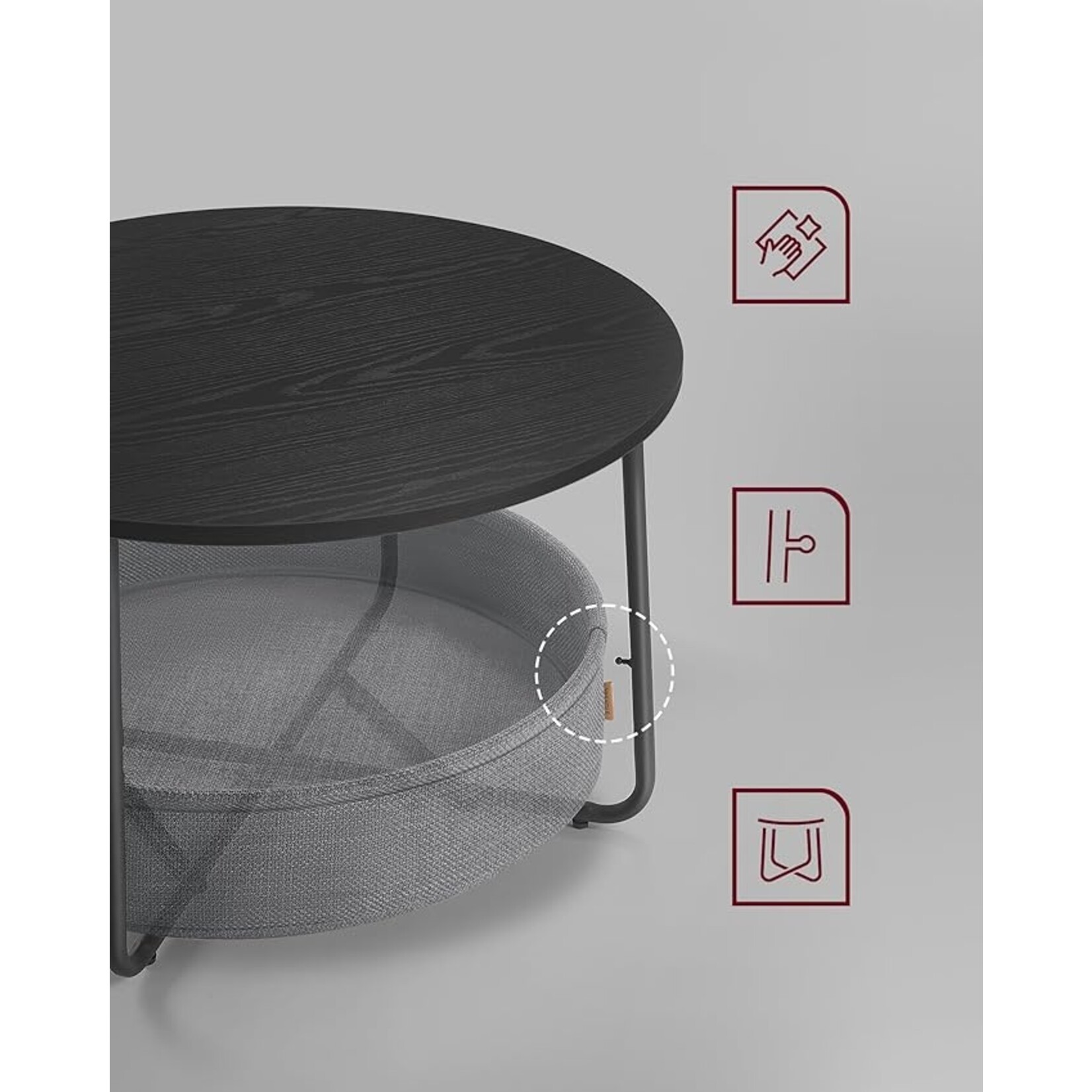 Parya Home round coffee table, table with storage space, side table, living room table with fabric basket, modern, metal frame, Ink Black-slate grey