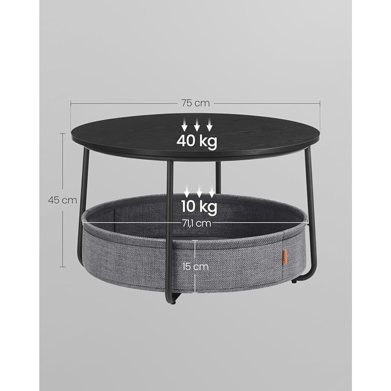 Parya Home round coffee table, table with storage space, side table, living room table with fabric basket, modern, metal frame, Ink Black-slate grey