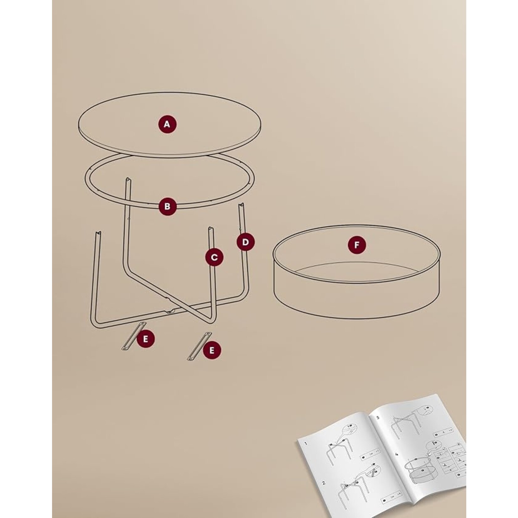 Parya Home round coffee table, table with storage space, side table, living room table with fabric basket, modern, metal frame, matte white-camel brown