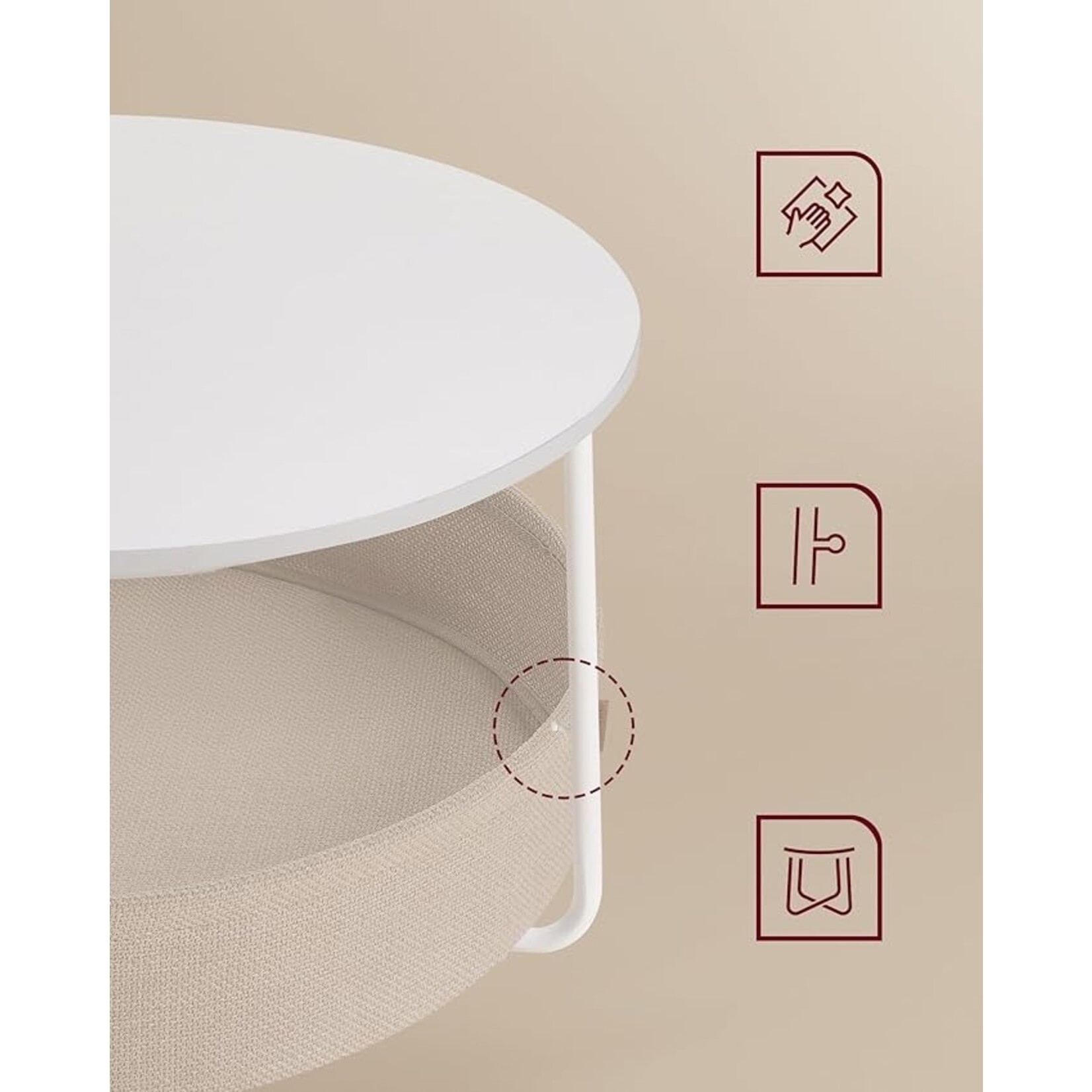 Parya Home round coffee table, table with storage space, side table, living room table with fabric basket, modern, metal frame, matte white-camel brown