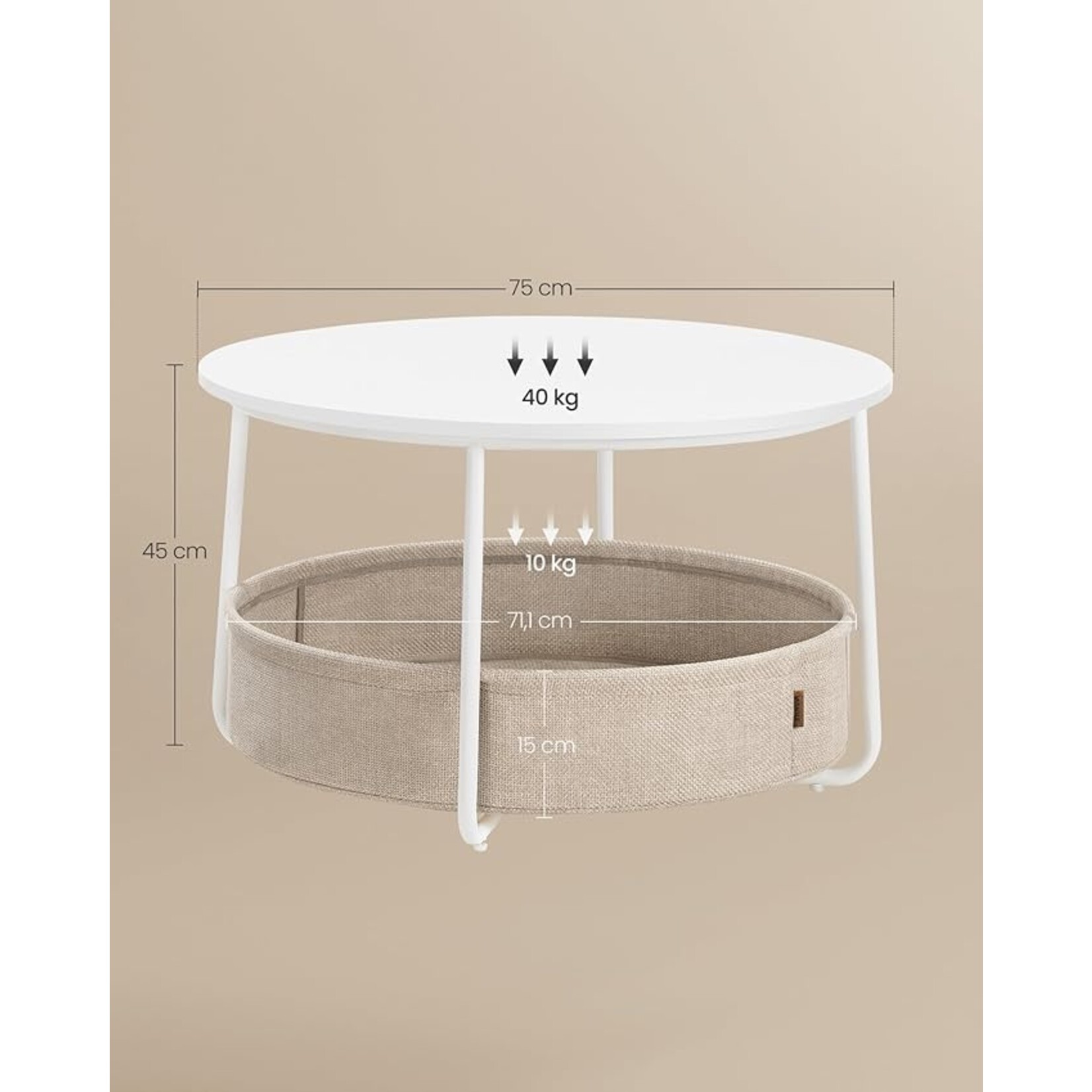 Parya Home round coffee table, table with storage space, side table, living room table with fabric basket, modern, metal frame, matte white-camel brown