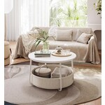 Parya Home ronde salontafel, tafel met opbergruimte, bijzettafel, woonkamertafel met stoffen mand, modern, metalen frame, mat wit-kameelbruin
