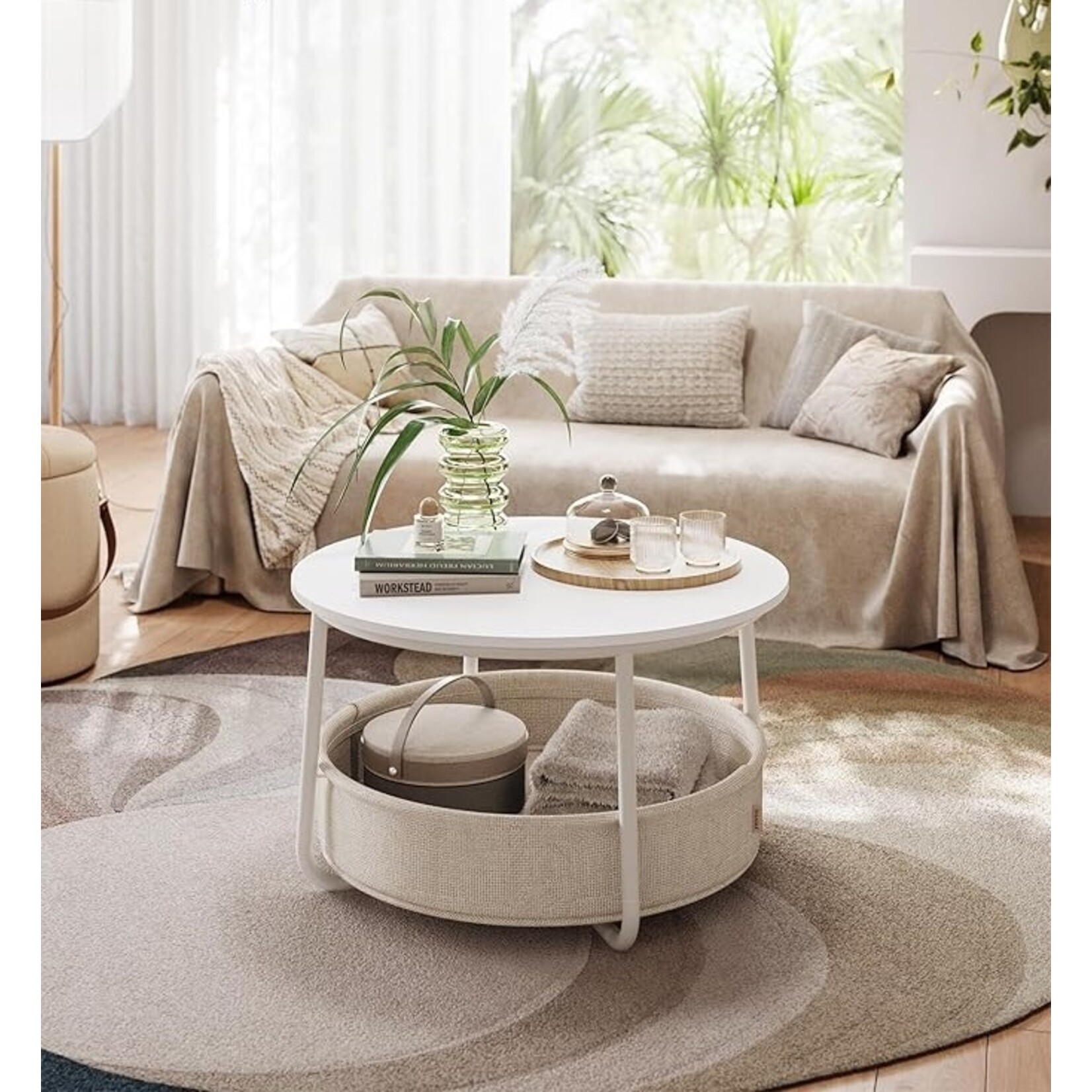 Parya Home round coffee table, table with storage space, side table, living room table with fabric basket, modern, metal frame, matte white-camel brown