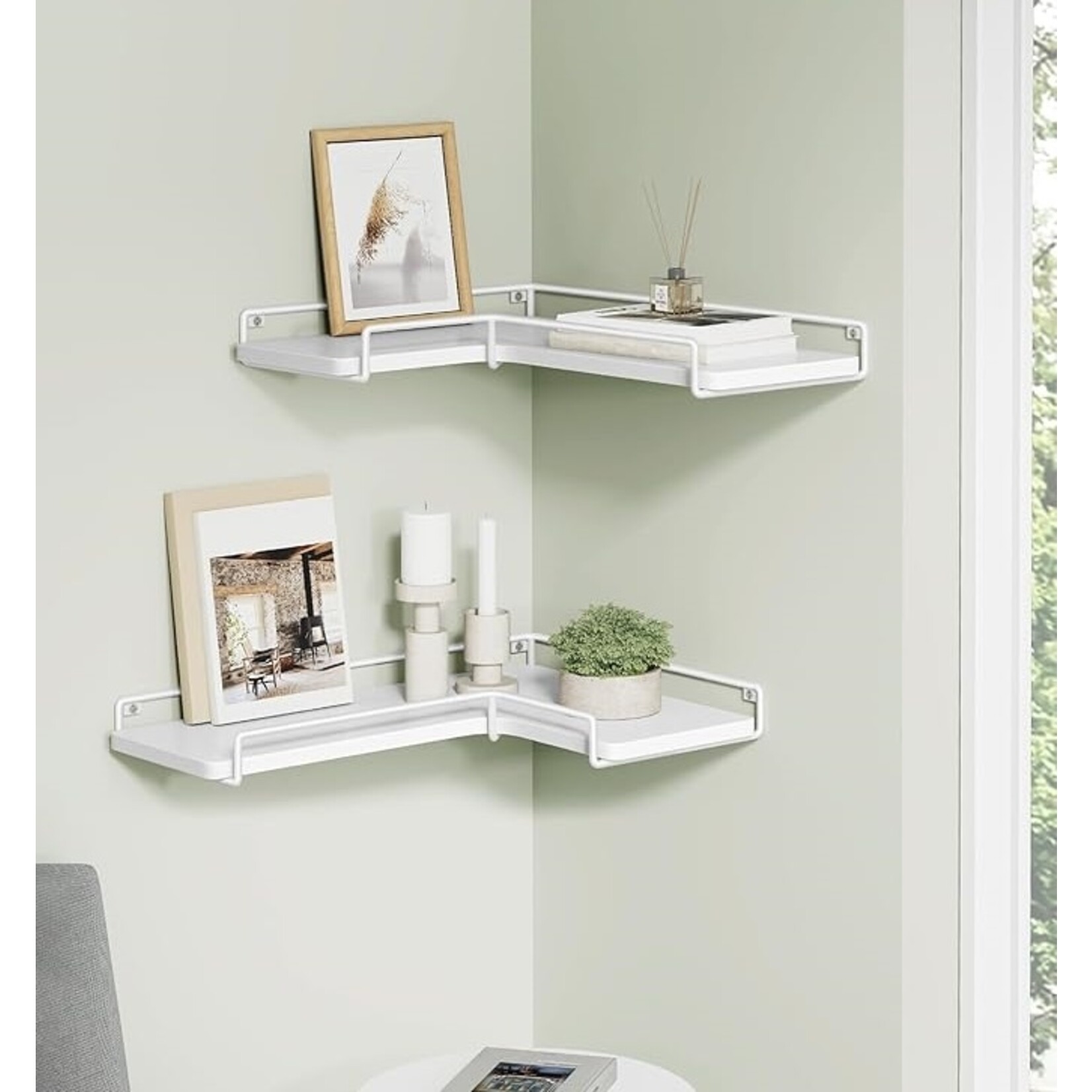 Parya Home zwevende planken, set van 2, L-vormige hoekplanken voor muur, industriële stijl hoekplank, voor woonkamer, slaapkamer of keuken, wit (Cloud White)