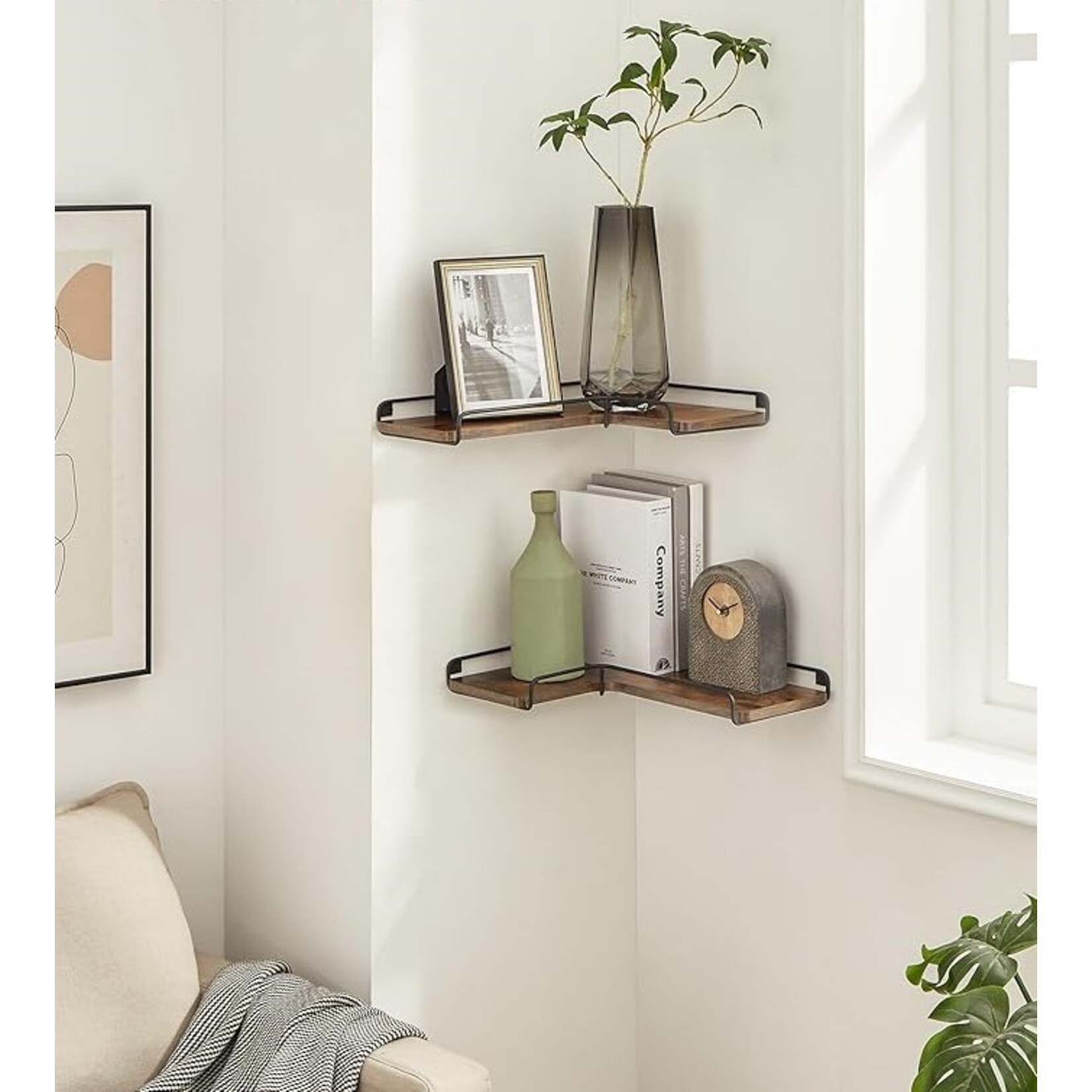 Parya Home Parya Home L-vormige hoekplank, set van 2, wandplank, industrieel ontwerp, planken voor aan de muur, voor woonkamer, slaapkamer, keuken, vintage bruin-zwart