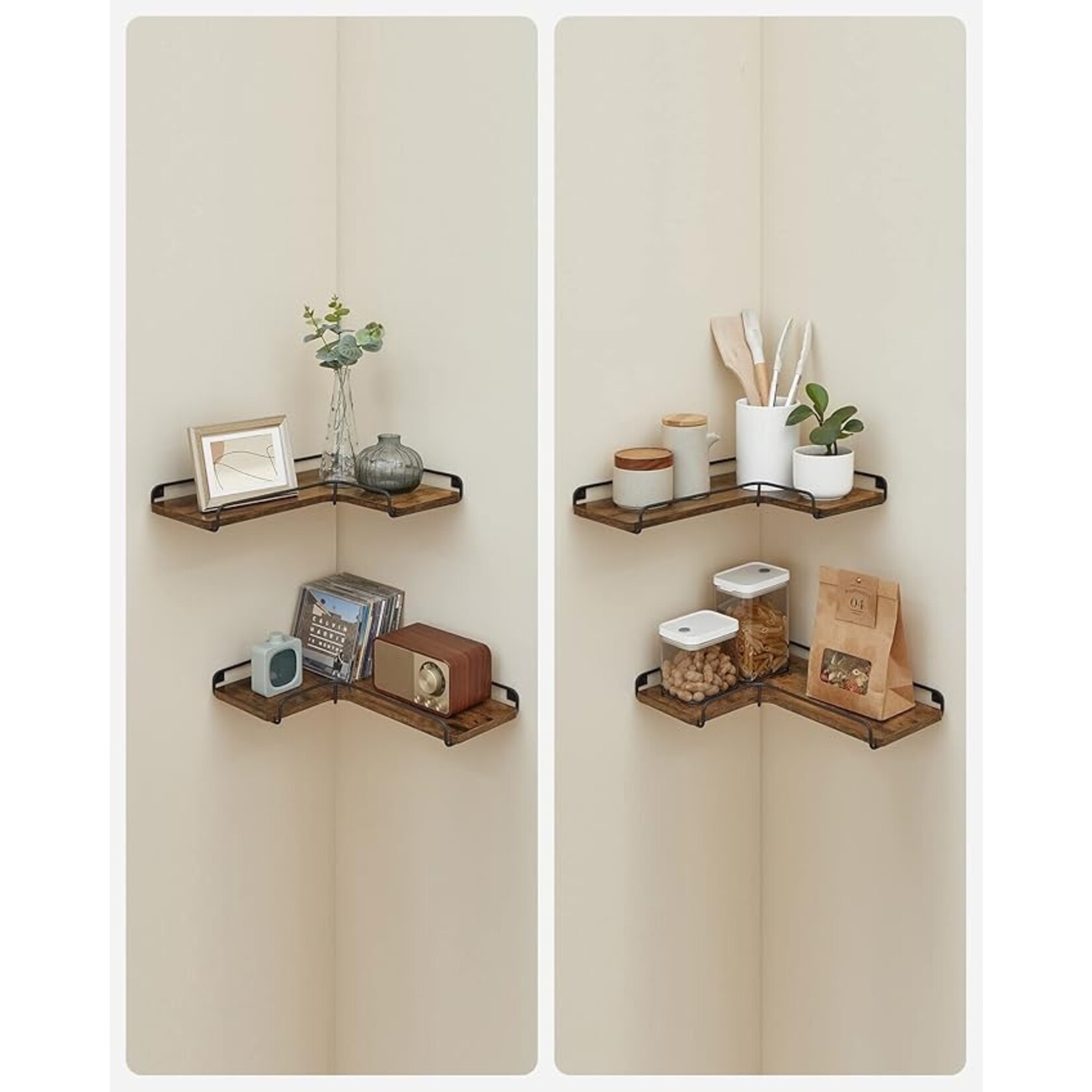 Parya Home L-vormige hoekplank, set van 2, wandplank, industrieel ontwerp, planken voor aan de muur, voor woonkamer, slaapkamer, keuken, vintage bruin-zwart