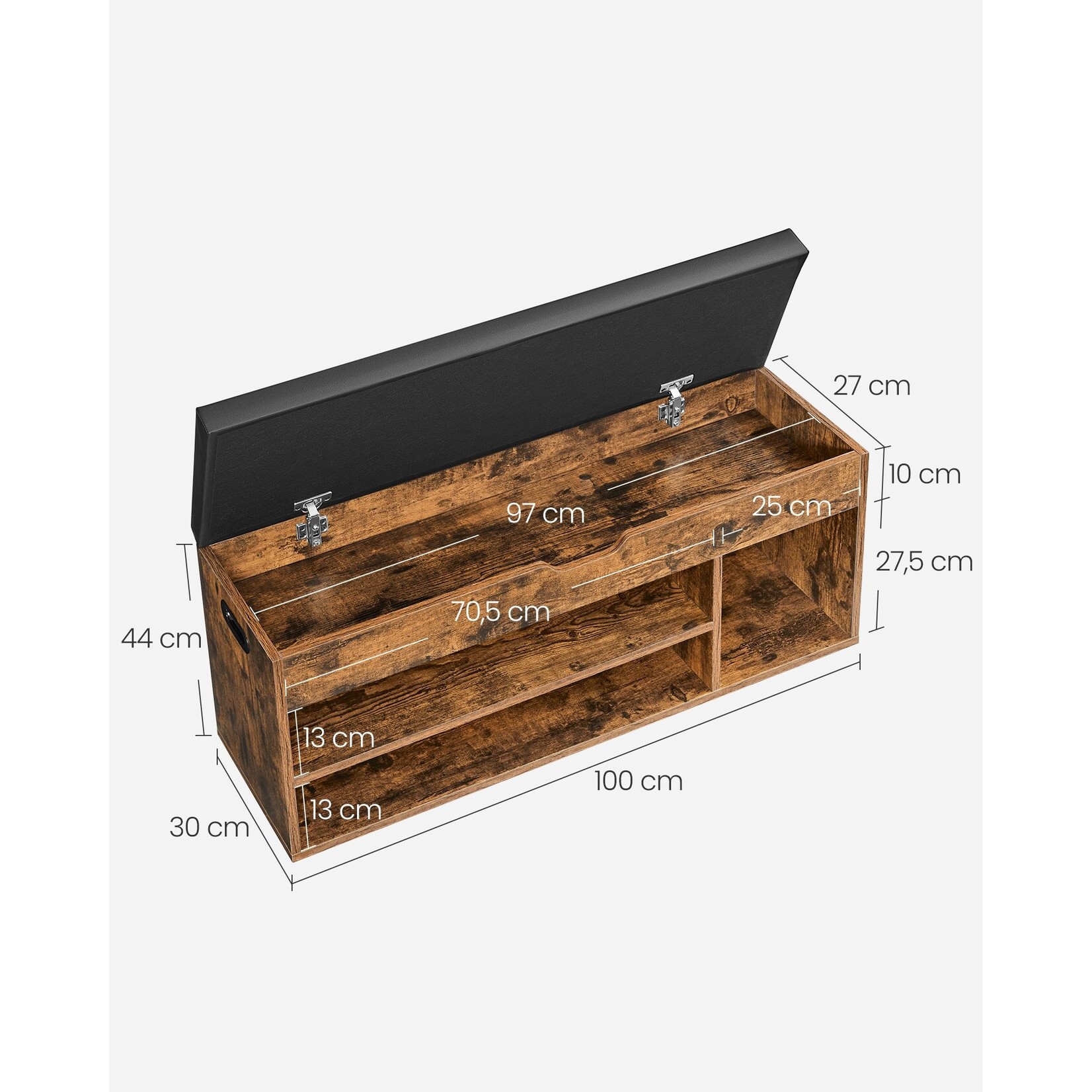 Parya Home Parya Home Padded shoe bench, storage bench, 3 compartments, hidden storage, shelves, for living room, entrance, bedroom, load capacity 150 kg, rustic brown