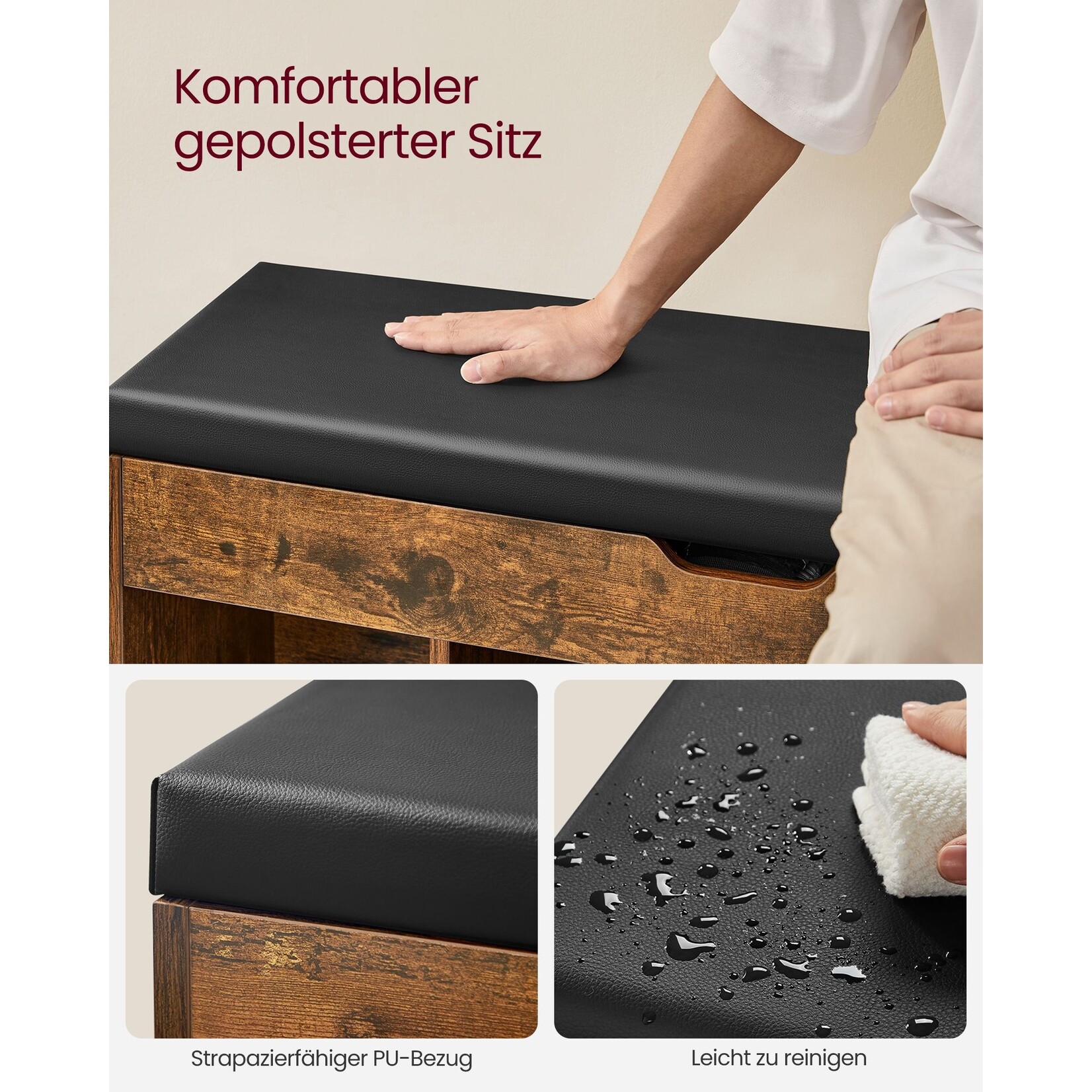 Parya Home Gevoerde schoenenbank, opbergbank, 3 vakken, verborgen opslag, planken, voor woonkamer, entree, slaapkamer, draagvermogen 150 kg, rustiek bruin