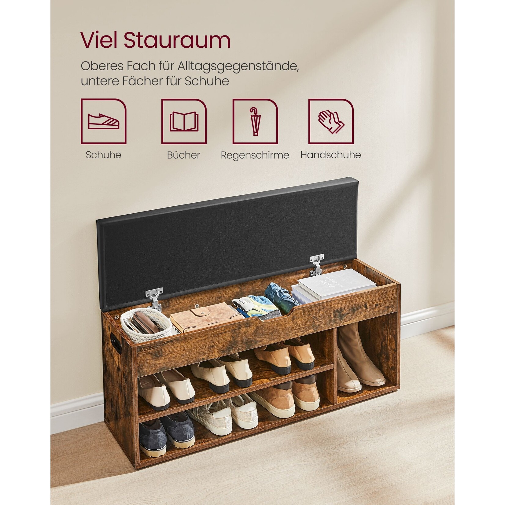 Parya Home Parya Home Padded shoe bench, storage bench, 3 compartments, hidden storage, shelves, for living room, entrance, bedroom, load capacity 150 kg, rustic brown