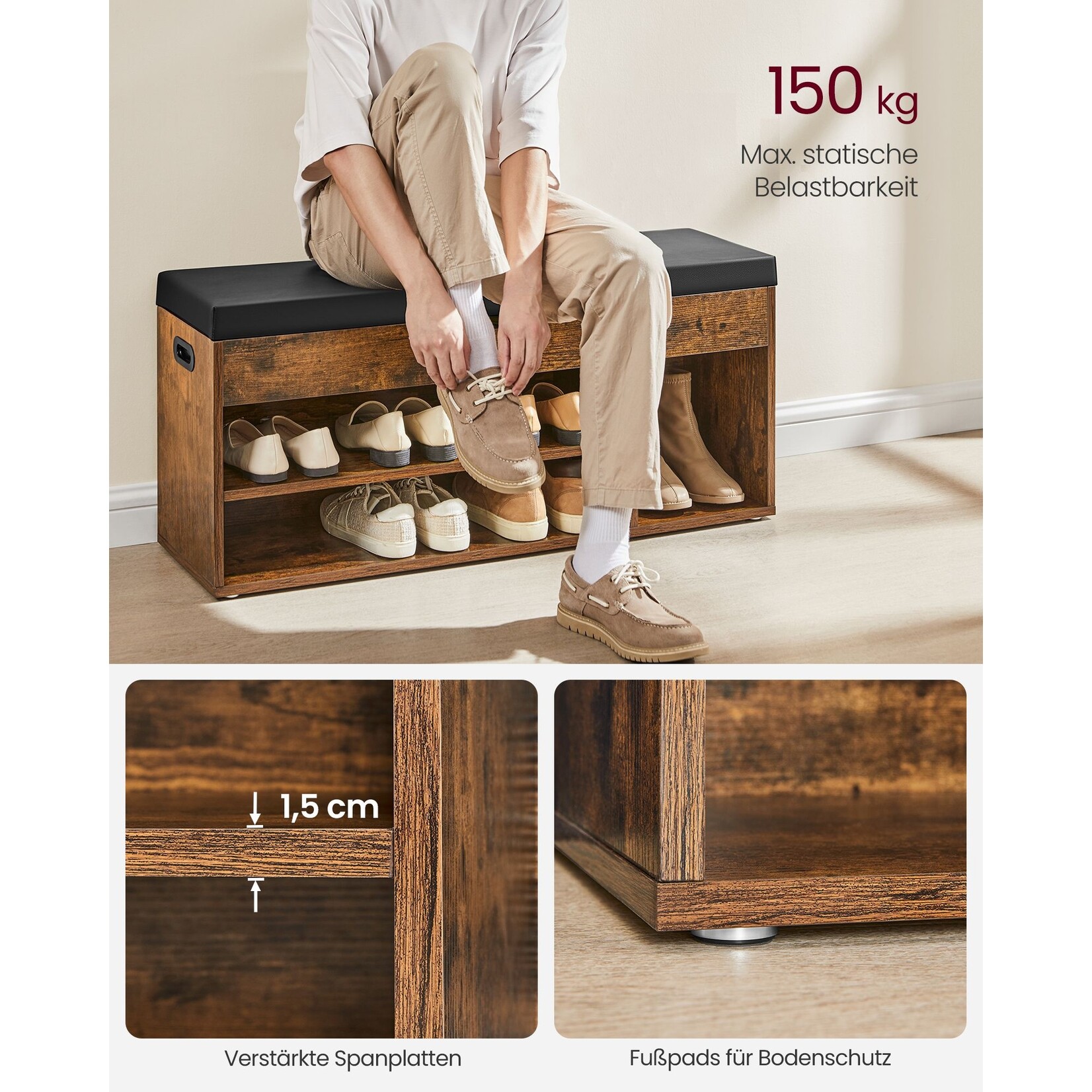 Parya Home Parya Home Gevoerde schoenenbank, opbergbank, 3 vakken, verborgen opslag, planken, voor woonkamer, entree, slaapkamer, draagvermogen 150 kg, rustiek bruin