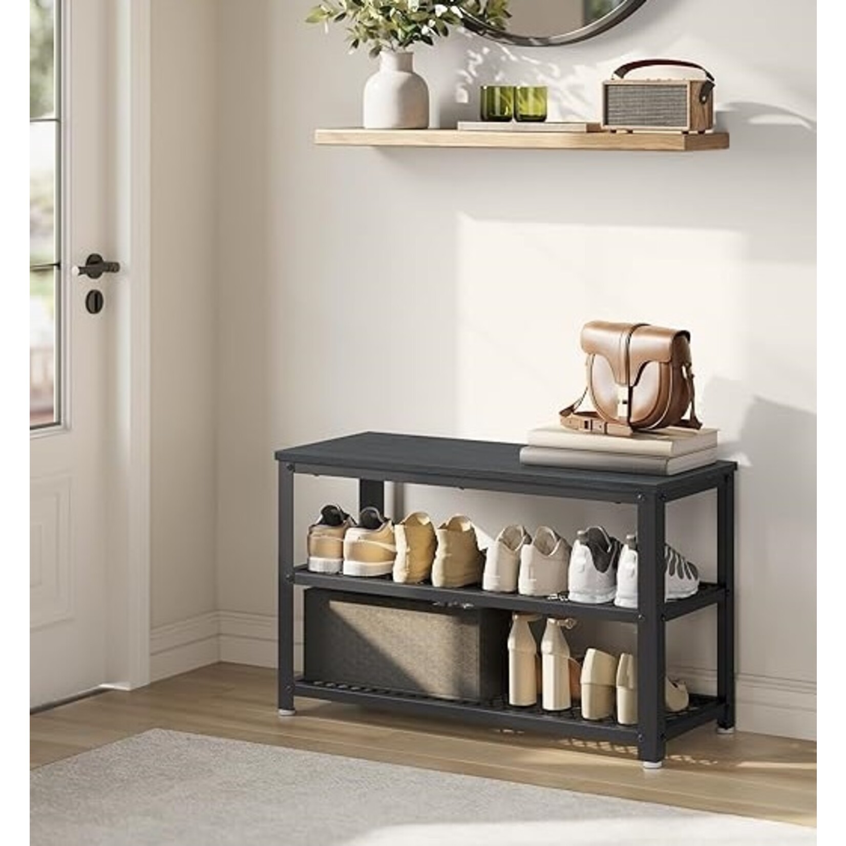 Parya Home Parya Home schoenenbank, schoenenrek met 2 roosterplanken, opbergruimte voor schoenen, 30 x 73 x 45 cm, voor entree, hal, woonkamer, metalen frame, industrieel design, ebbenhout zwart-zwart