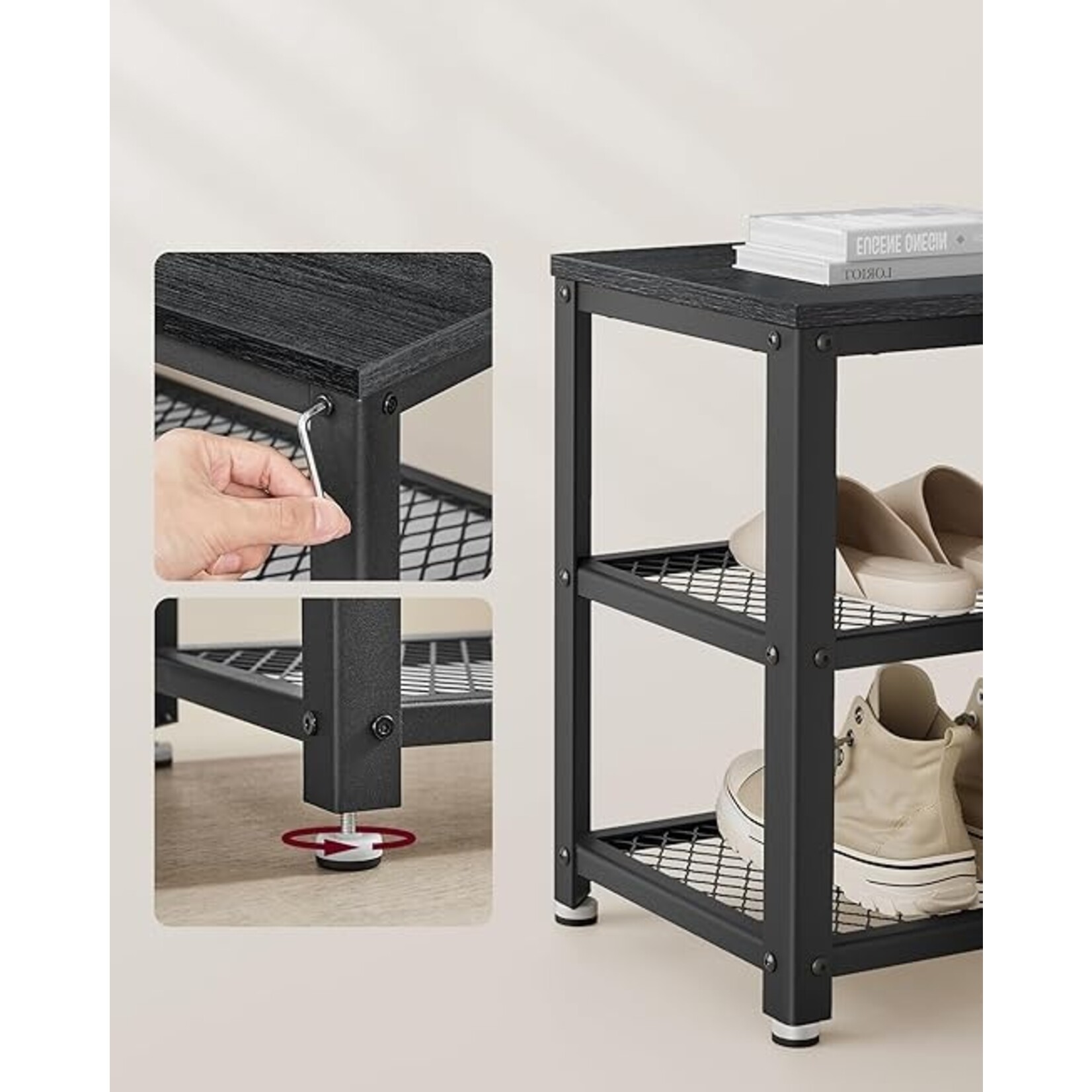 Parya Home Parya Home schoenenbank, schoenenrek met 2 roosterplanken, opbergruimte voor schoenen, 30 x 73 x 45 cm, voor entree, hal, woonkamer, metalen frame, industrieel design, ebbenhout zwart-zwart