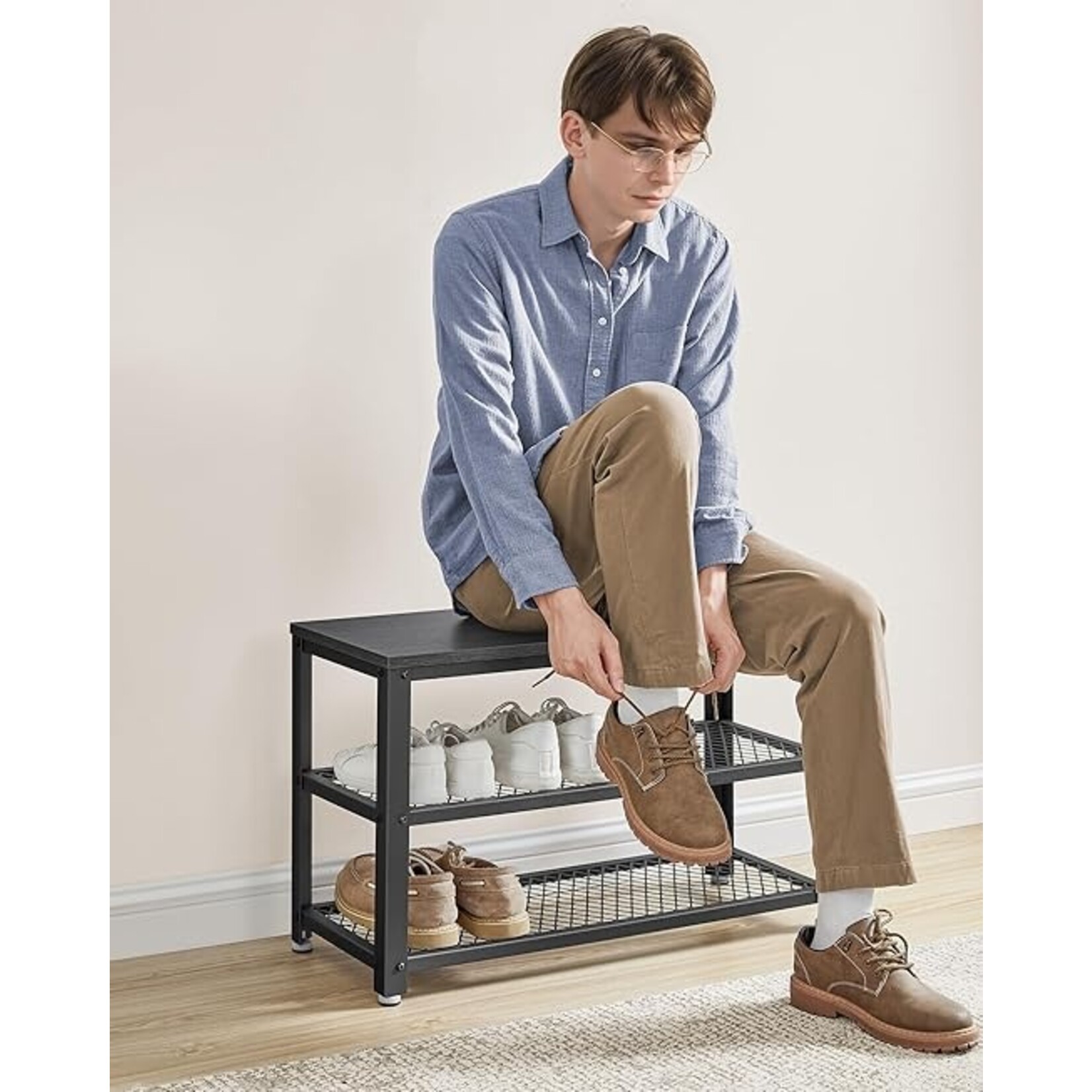 Parya Home Parya Home shoe bench, shoe rack with 2 grid shelves, storage space for shoes, 30 x 73 x 45 cm, for entrance, hall, living room, metal frame, industrial design, ebony black-black