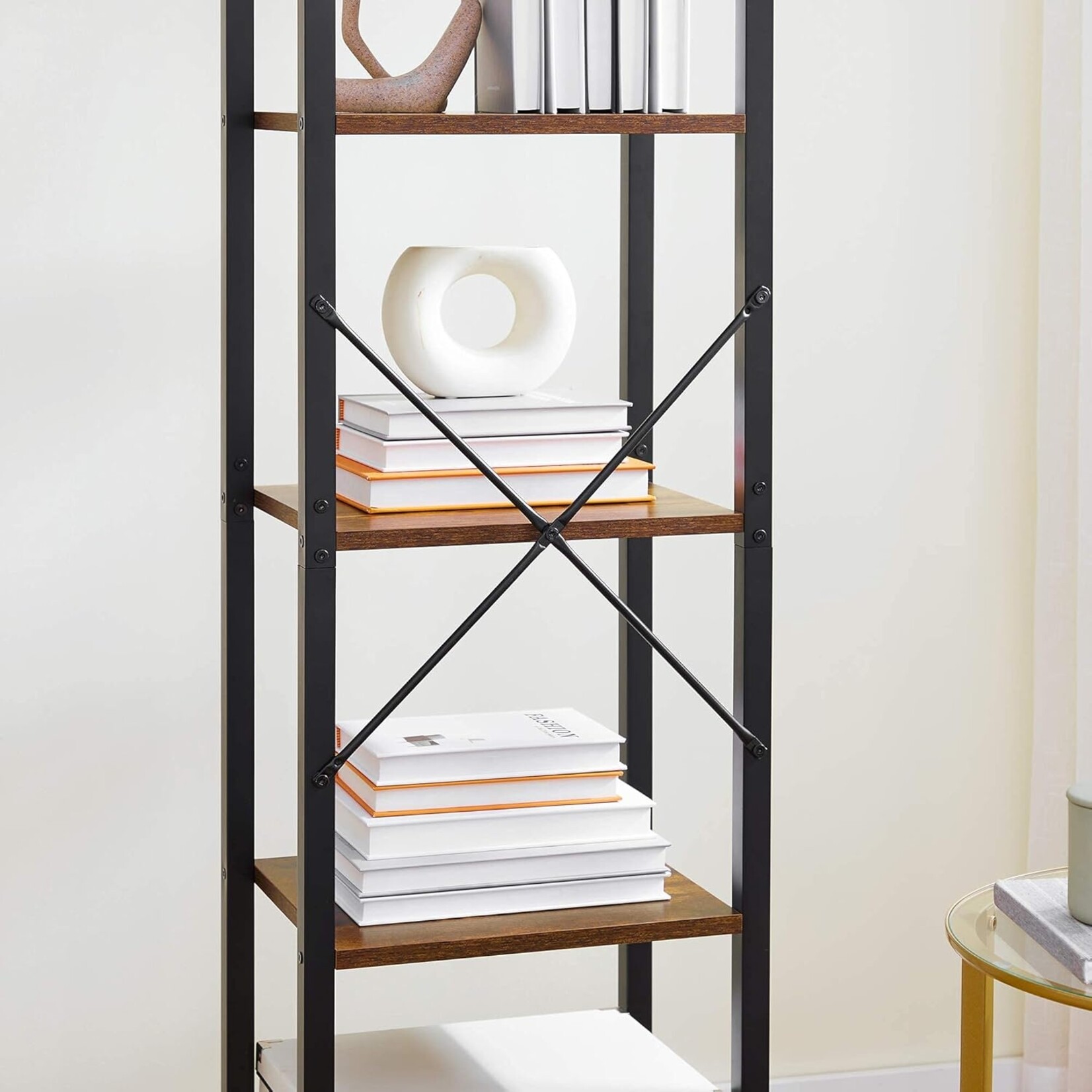 Parya Home Storage Rack met stalen frame, voor woonkamer, kantoor, studie, hal, industriële stijl, rustiek bruin en zwart