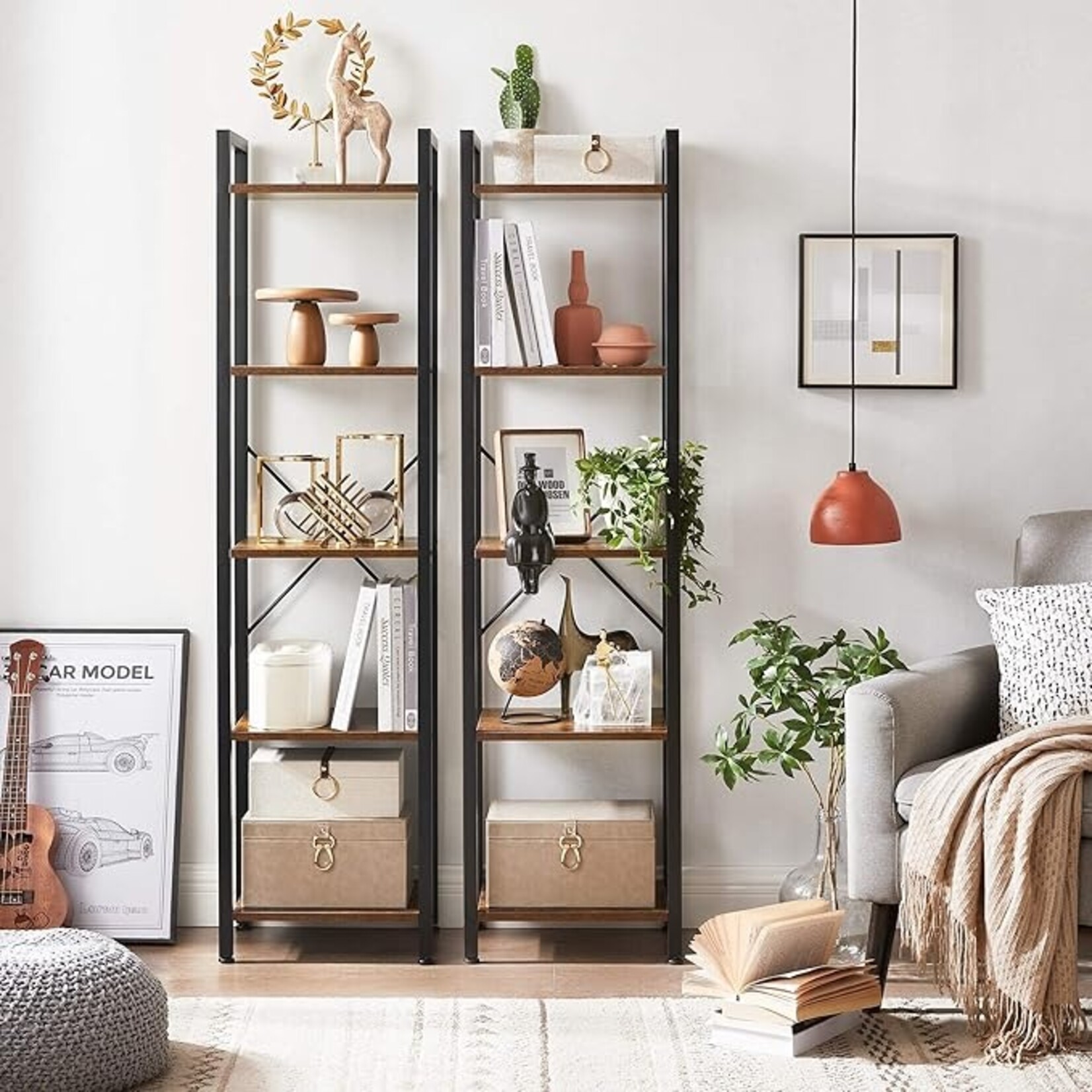 Parya Home storage rack with steel frame, for living room, office, study, hall, industrial style, rustic brown and black