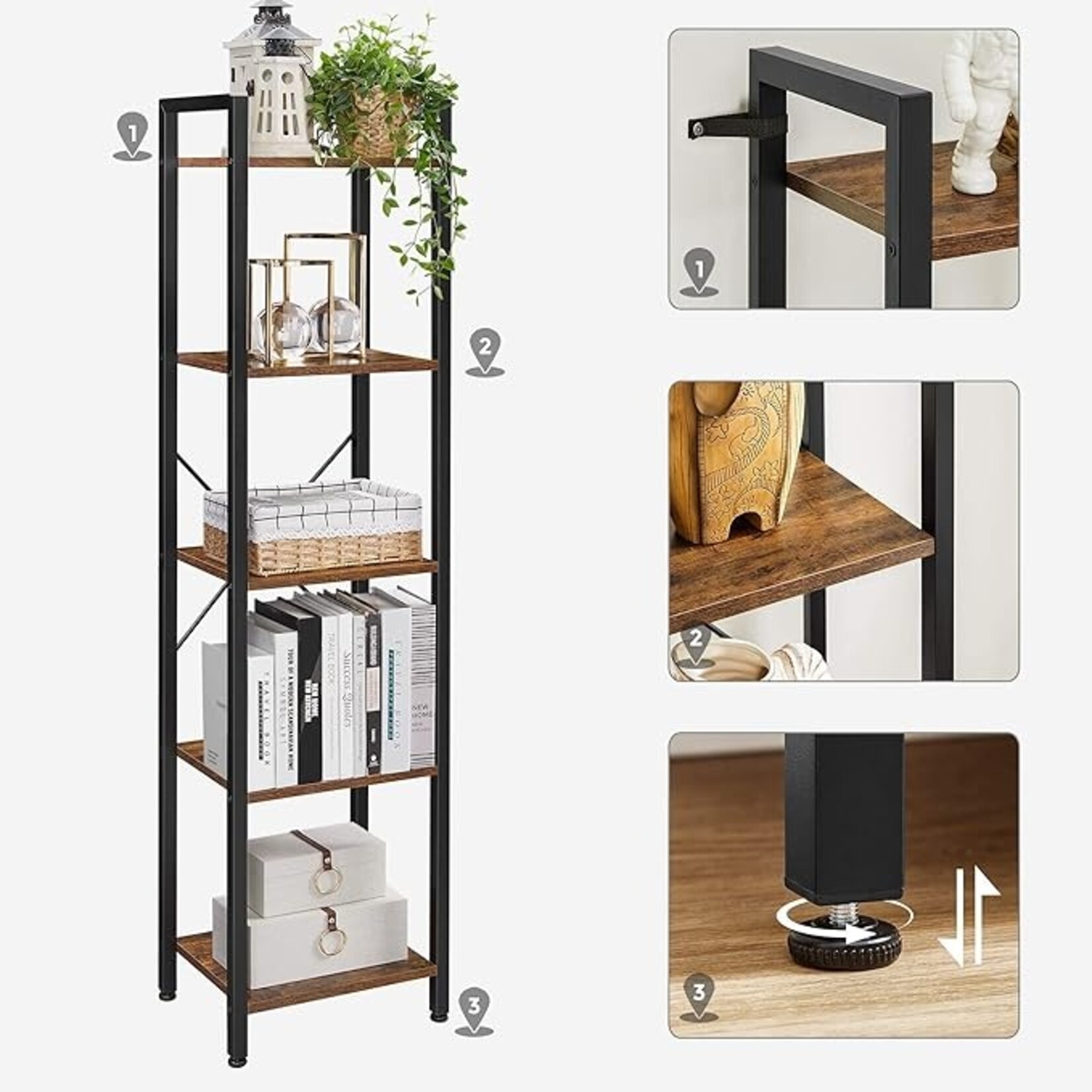Parya Home Storage Rack met stalen frame, voor woonkamer, kantoor, studie, hal, industriële stijl, rustiek bruin en zwart