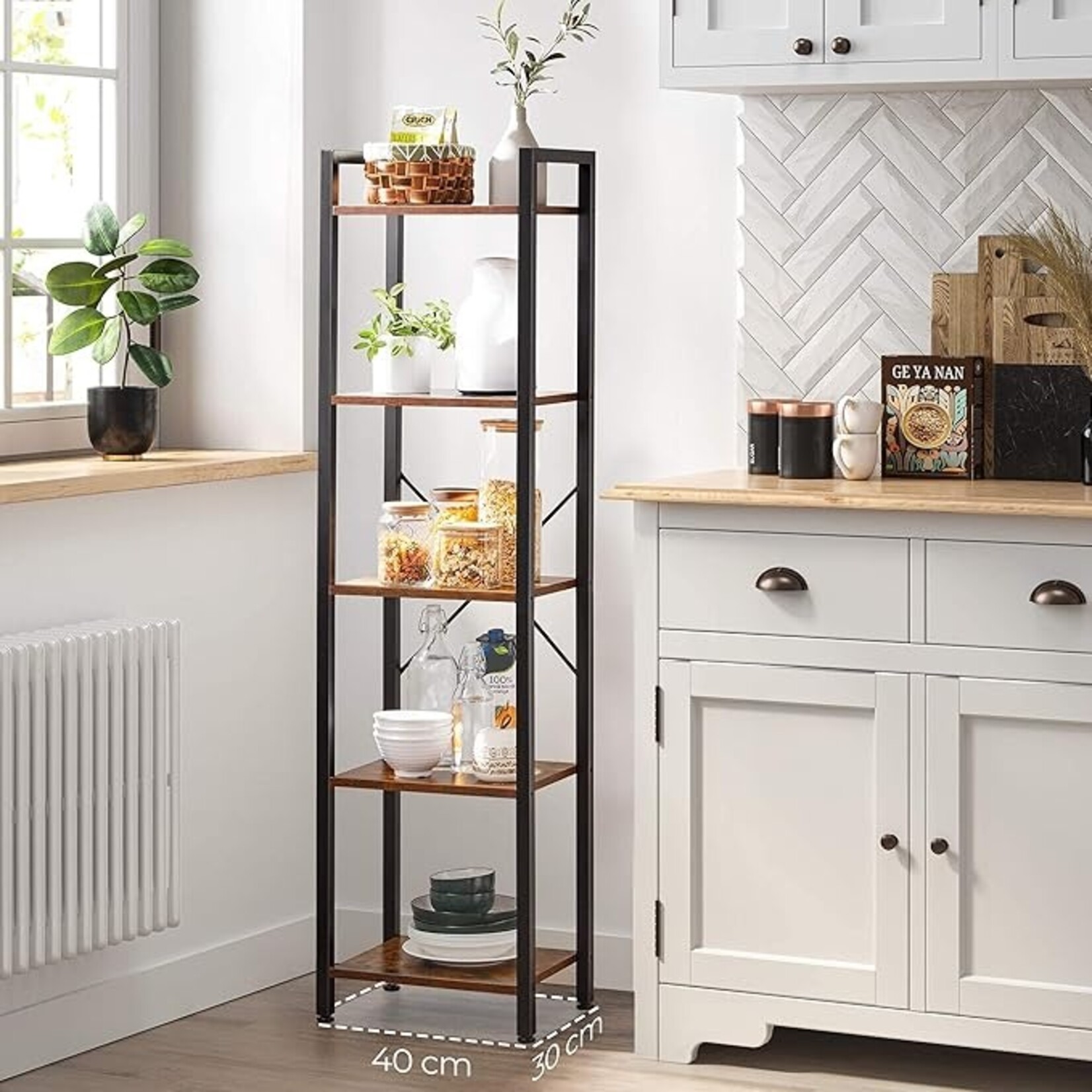 Parya Home Storage Rack met stalen frame, voor woonkamer, kantoor, studie, hal, industriële stijl, rustiek bruin en zwart