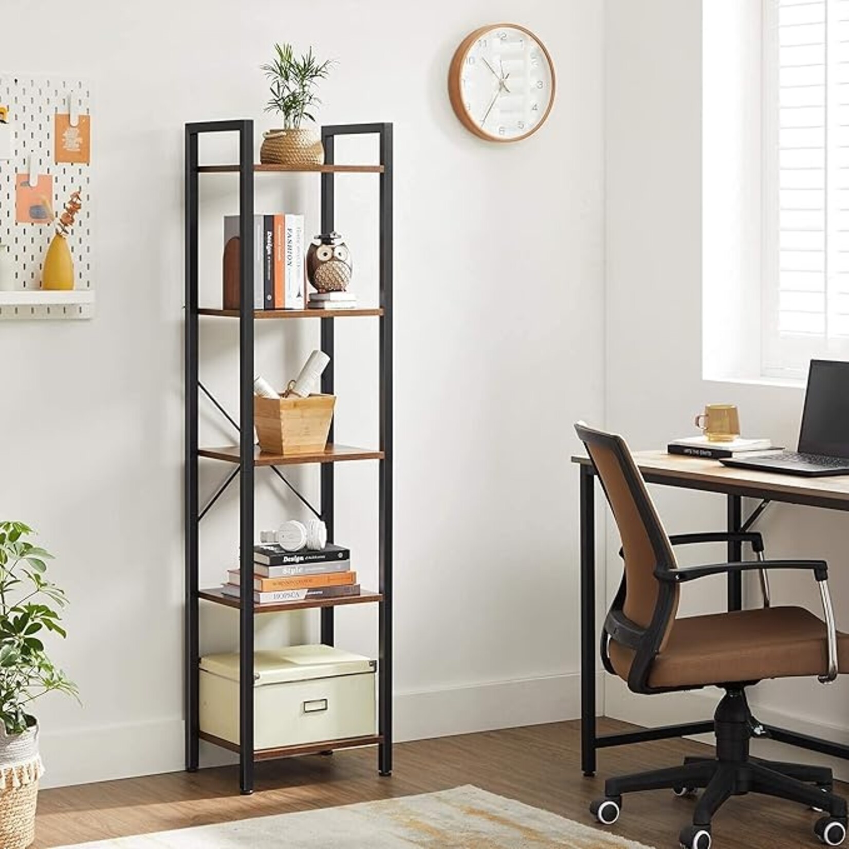 Parya Home Storage Rack met stalen frame, voor woonkamer, kantoor, studie, hal, industriële stijl, rustiek bruin en zwart