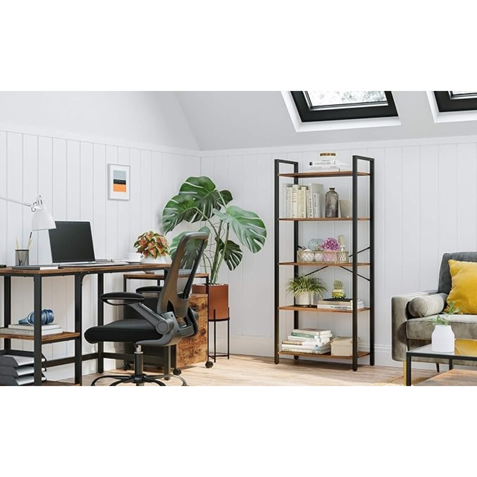 Parya Home Para Home bookcase with steel frame, for living room, office, study, hall, industrial style, rustic brown and black