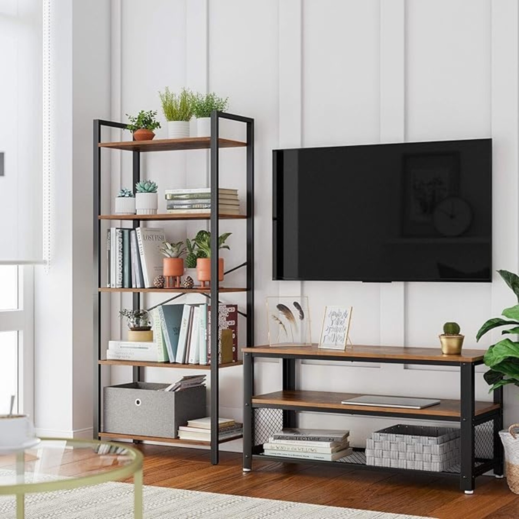 Parya Home Para Home bookcase with steel frame, for living room, office, study, hall, industrial style, rustic brown and black