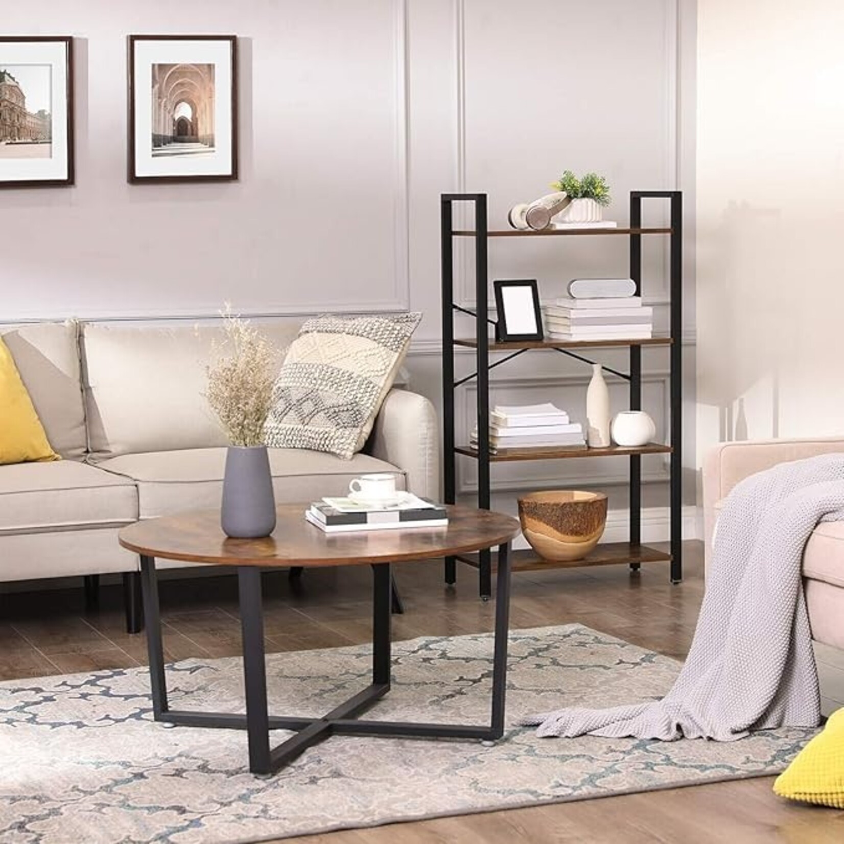 Parya Home Parya Home Boekenkast met 4 niveaus, opbergrek, stalen frame, hoogte 120 cm, voor woonkamer, kantoor, studeerkamer en hal, industrieel ontwerp, vintage bruin-zwart