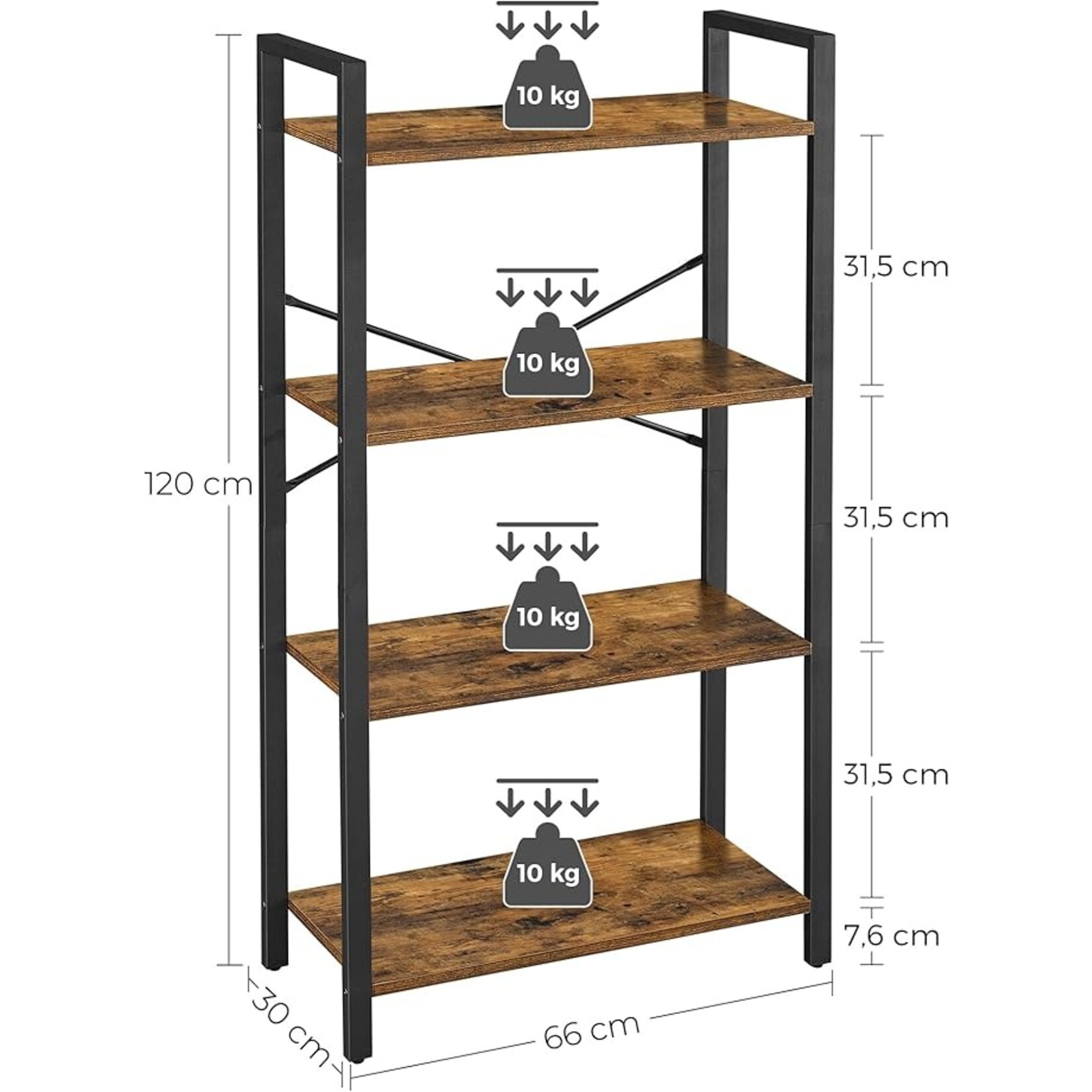 Parya Home Parya Home 4-tier bookcase, storage rack, steel frame, height 120 cm, for living room, office, study and hall, industrial design, vintage brown-black