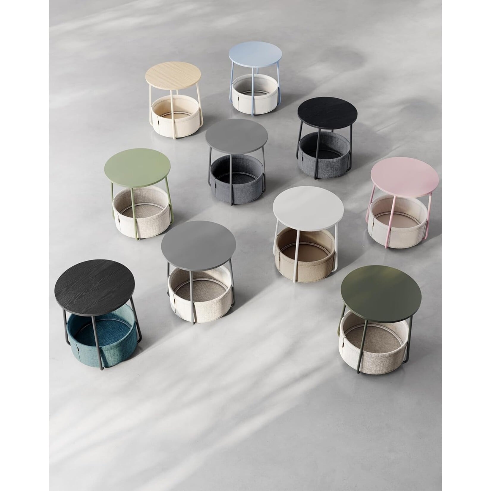Parya Home Parya Home ronde bijzettafel, kleine tafel, salontafel klein, woonkamertafel, stoffen mand, opbergruimte voor woonkamer slaapkamer, modern nachtkastje, duifgrijs-leigrijs