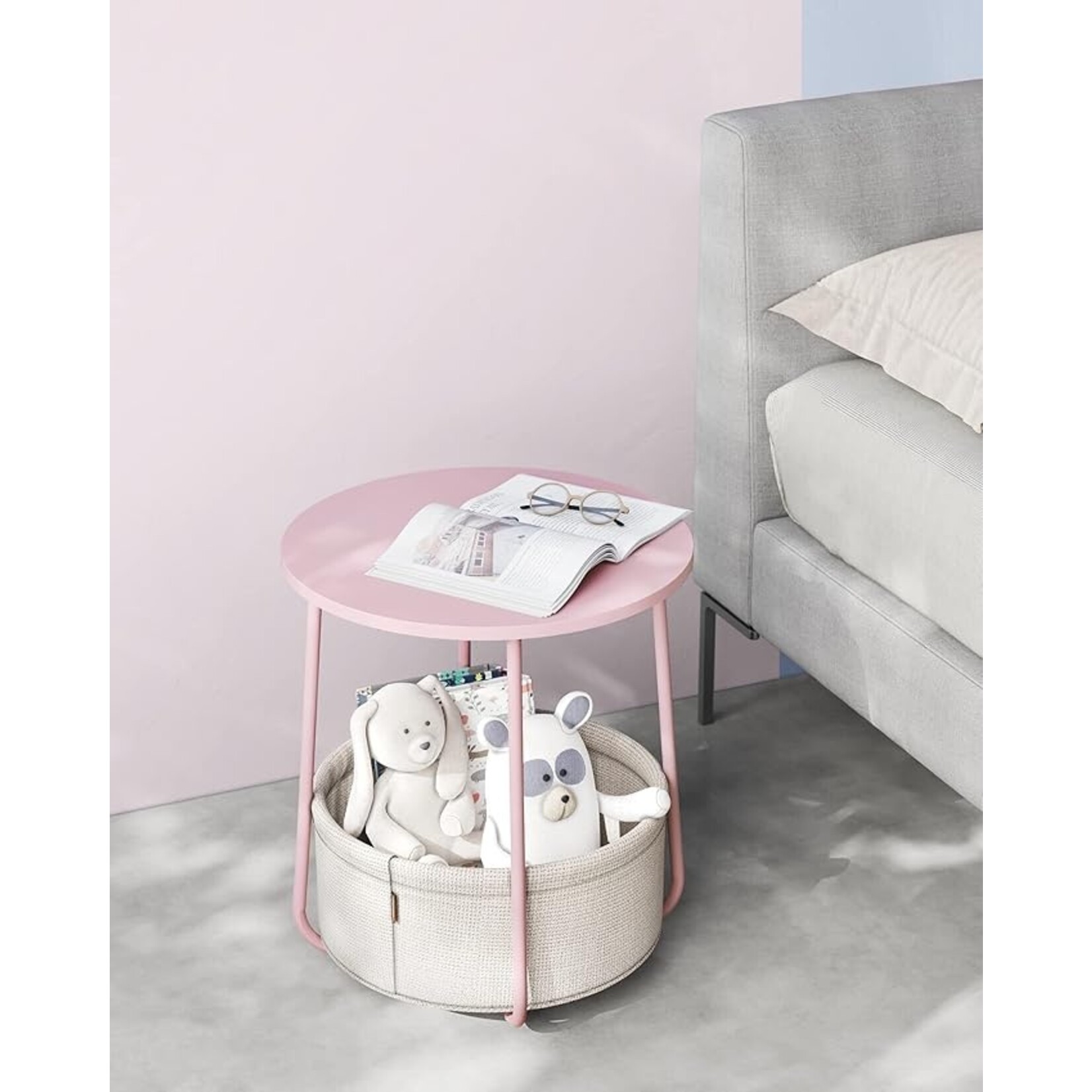 Parya Home Parya Home  round side table, small table, small coffee table, living room table, fabric basket, storage space for living room bedroom, modern bedside table, pastel pink-cream white
