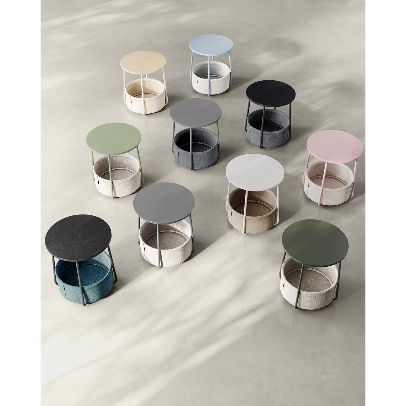 Parya Home Small round coffee table, side table with fabric basket, storage space, for living room, bedroom, bedside table, modern style, creamy white