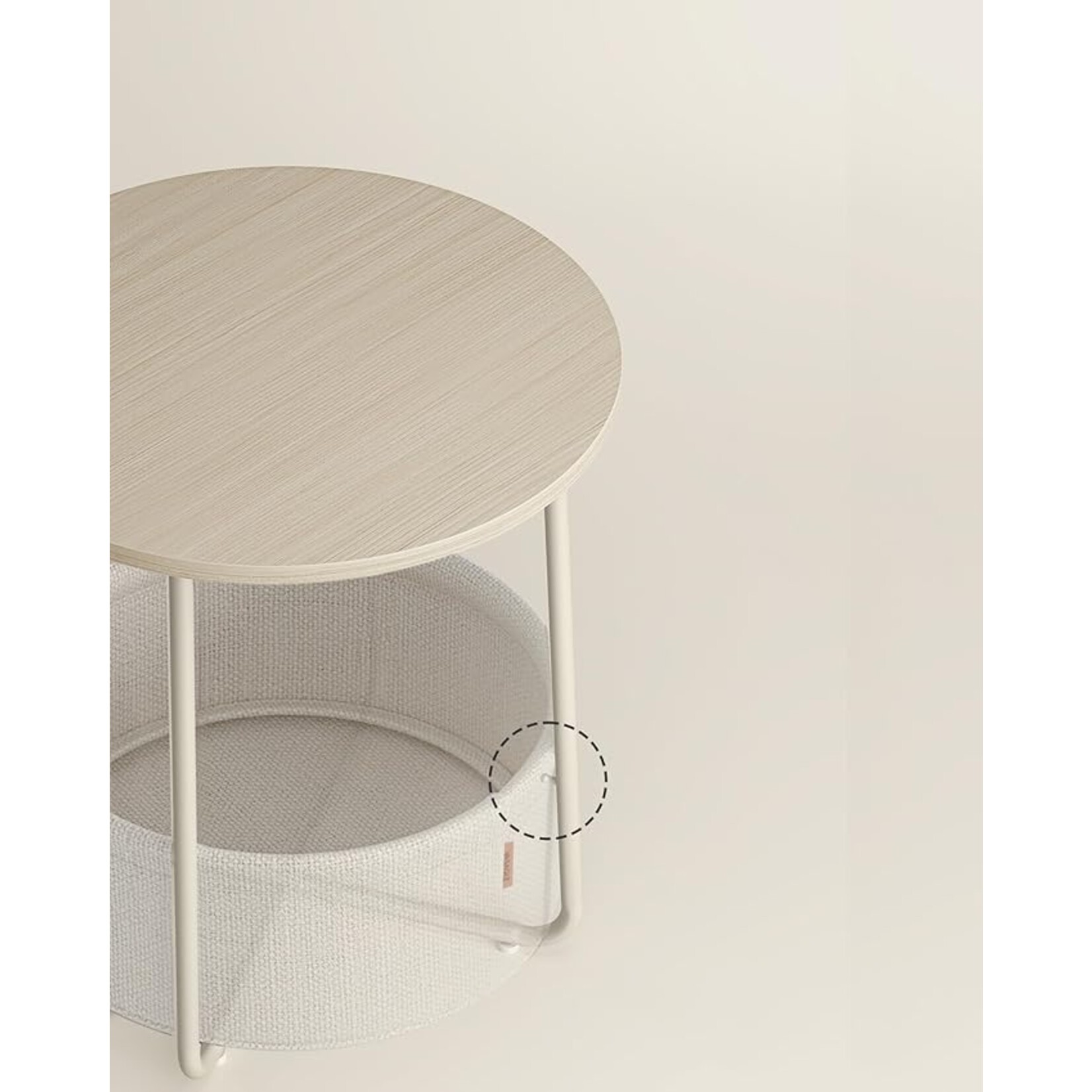 Parya Home Small round coffee table, side table with fabric basket, storage space, for living room, bedroom, bedside table, modern style, creamy white