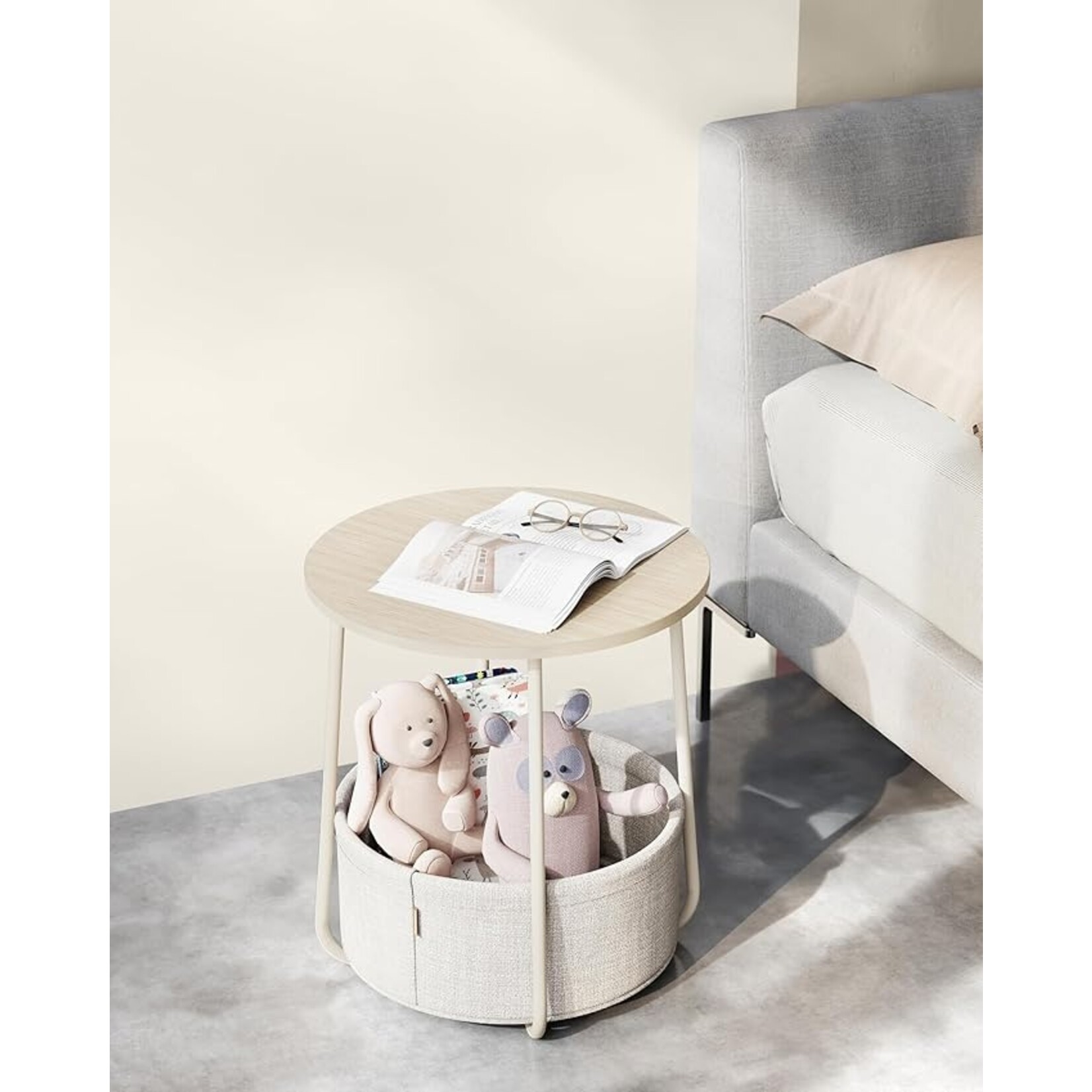 Parya Home Kleine ronde salontafel, bijzettafel met stoffen mand, opbergruimte, voor woonkamer, slaapkamer, nachtkastje, moderne stijl, crèmewit